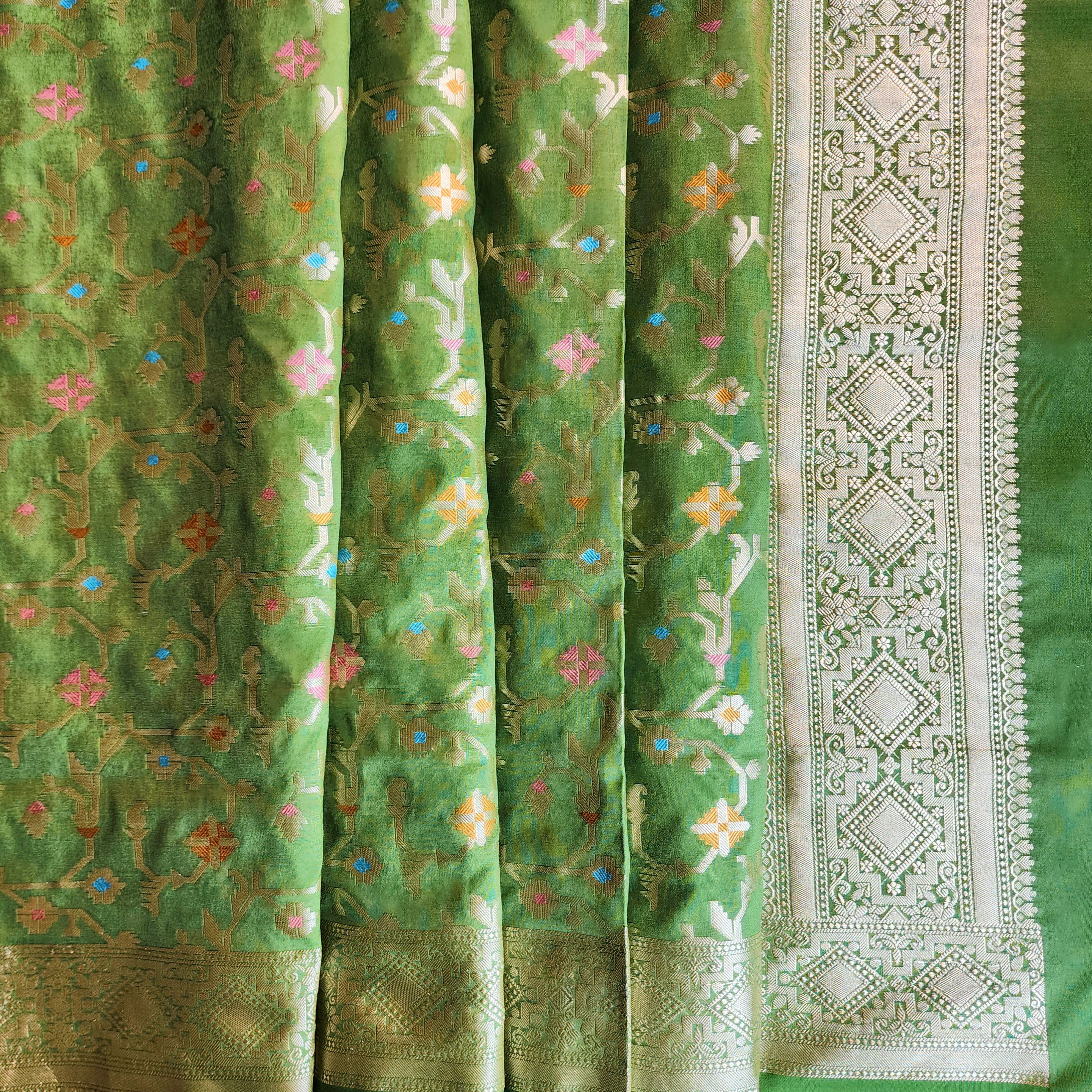 Golden Grid Banarasi Silk Dupatta with Meenakari Work in Mehendi Green