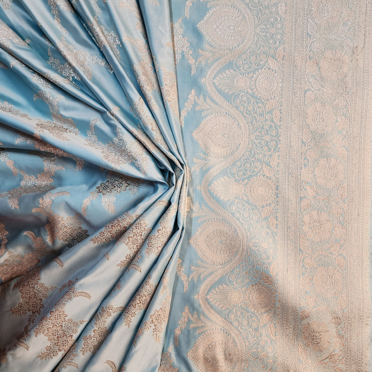 Powder Blue Banarasi Katan Silk Saree with Floral Vine Jaal