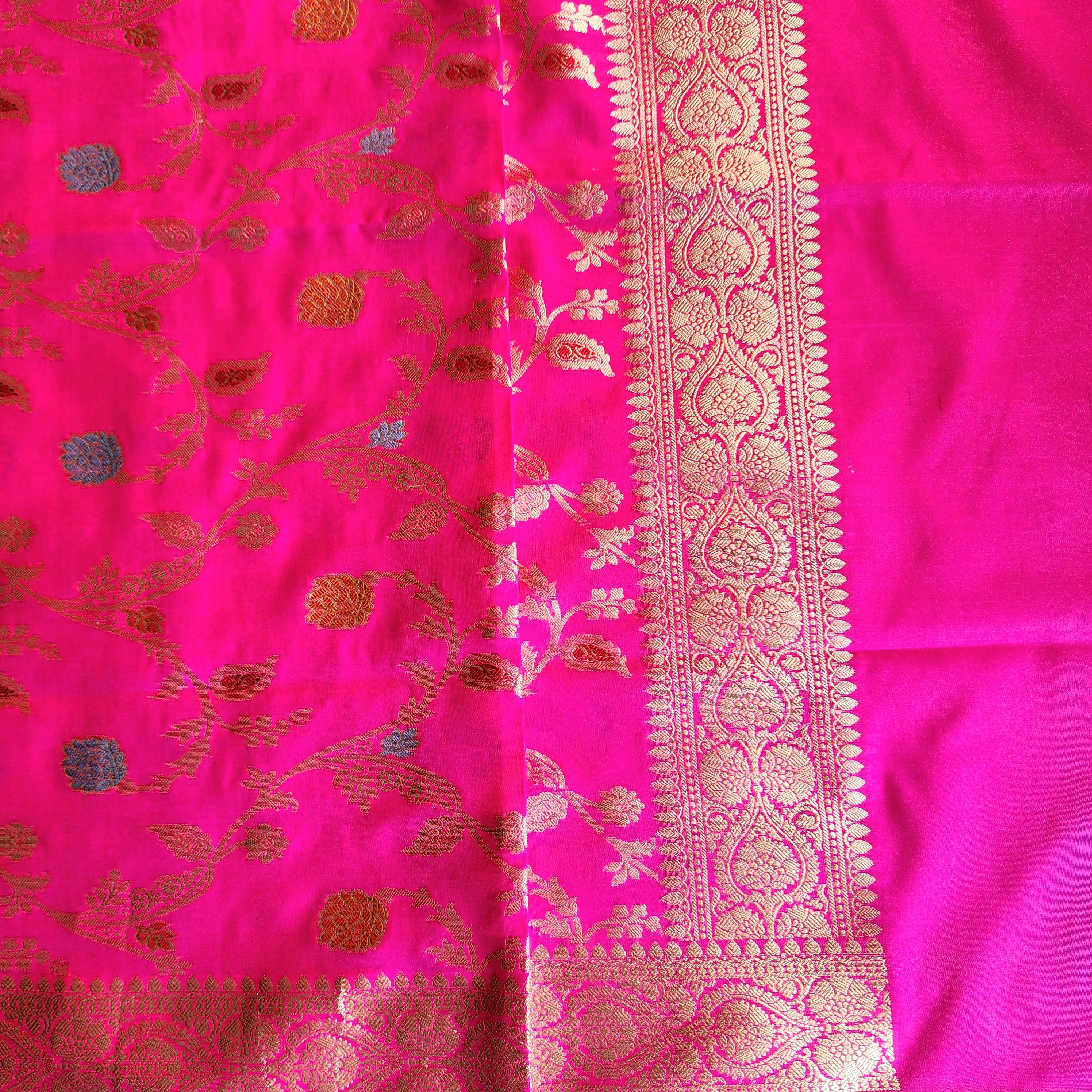 Hot Pink Banarasi Silk Dupatta with Gold Zari Border & Multicolor Meenakari Work
