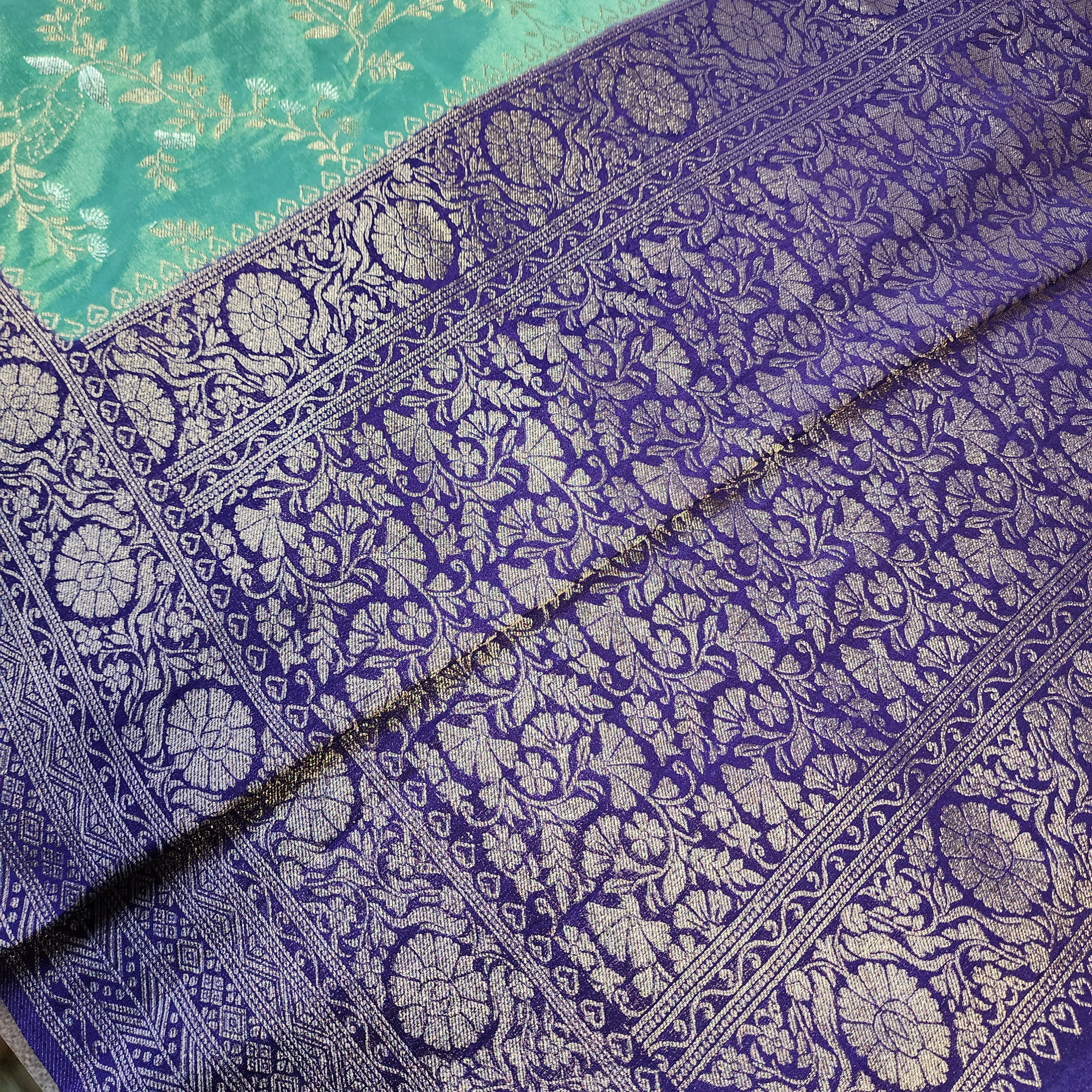 Mint Green Crepe Chiffon Saree with Violet Border