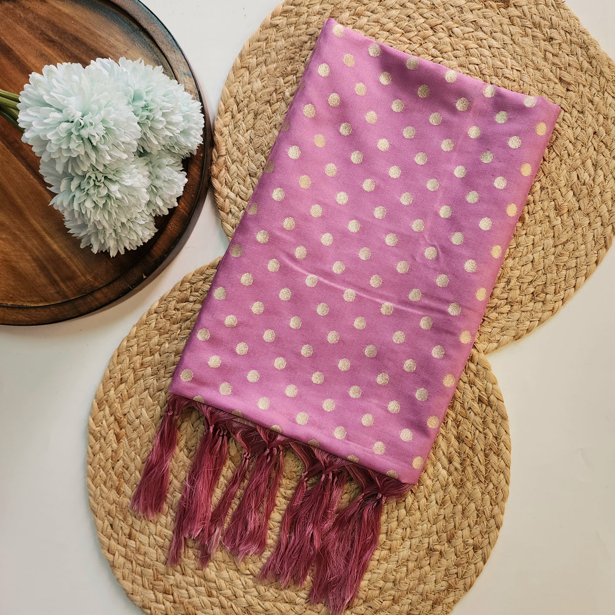 Mauve Pink Banarasi Silk Dupatta with Gold Polka Dot