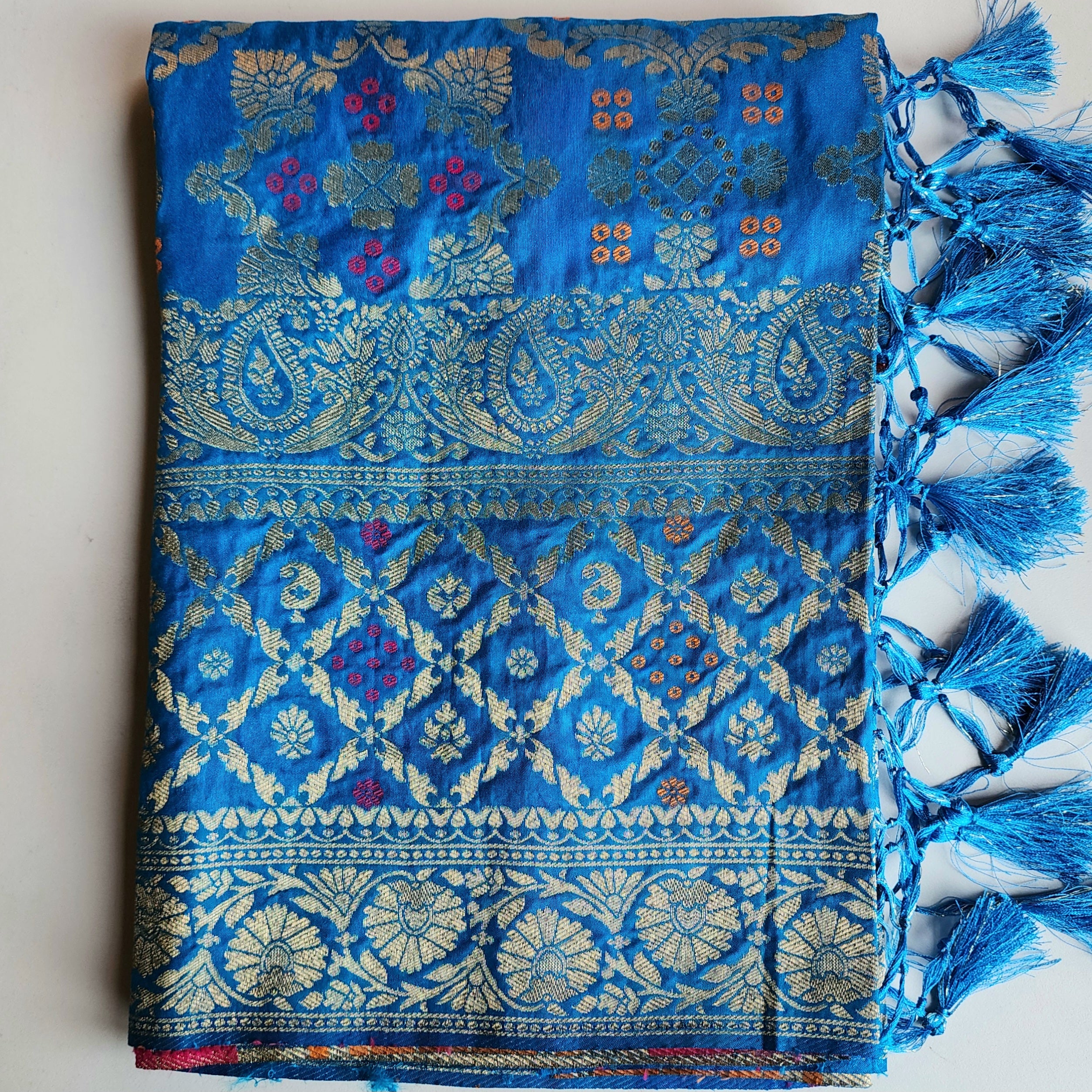 Electric Blue Bandhani Dupatta with Floral and Geometric Zari Weave