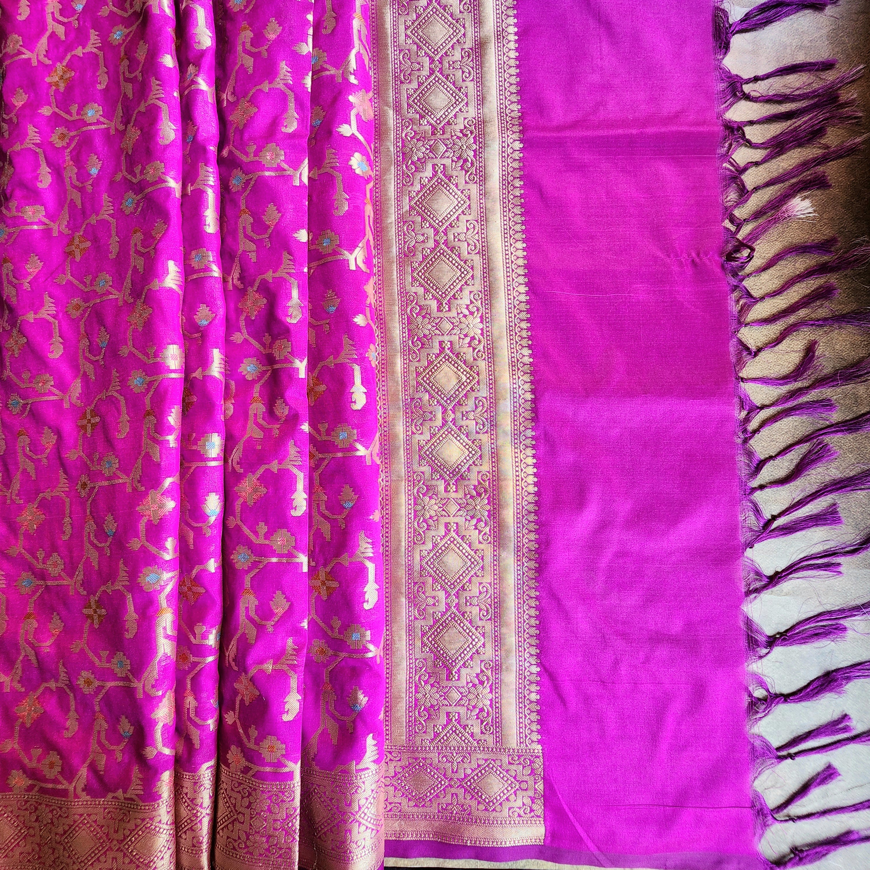 Golden Grid Banarasi Silk Dupatta with Meenakari Work in Wine