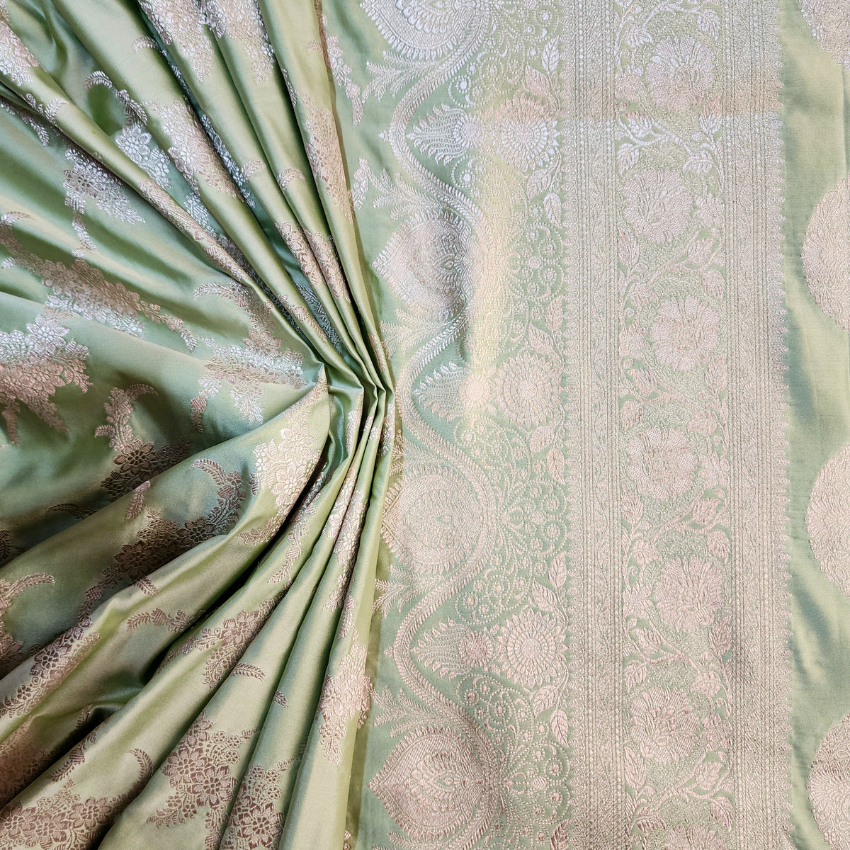 Olive Green Banarasi Katan Silk Saree with Floral Vine Jaal