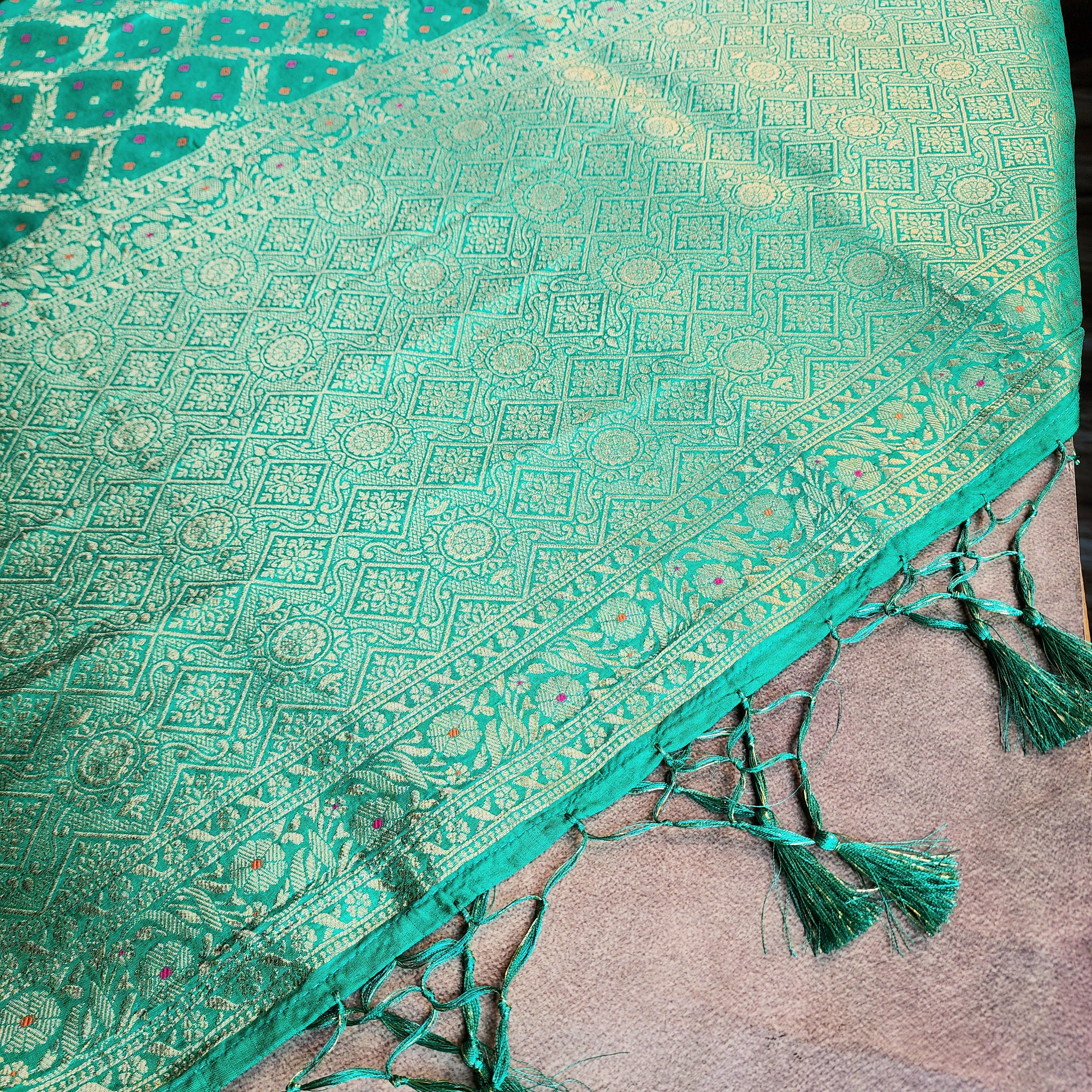 Aqua Green Bandhani Dupatta with Traditional Jaal