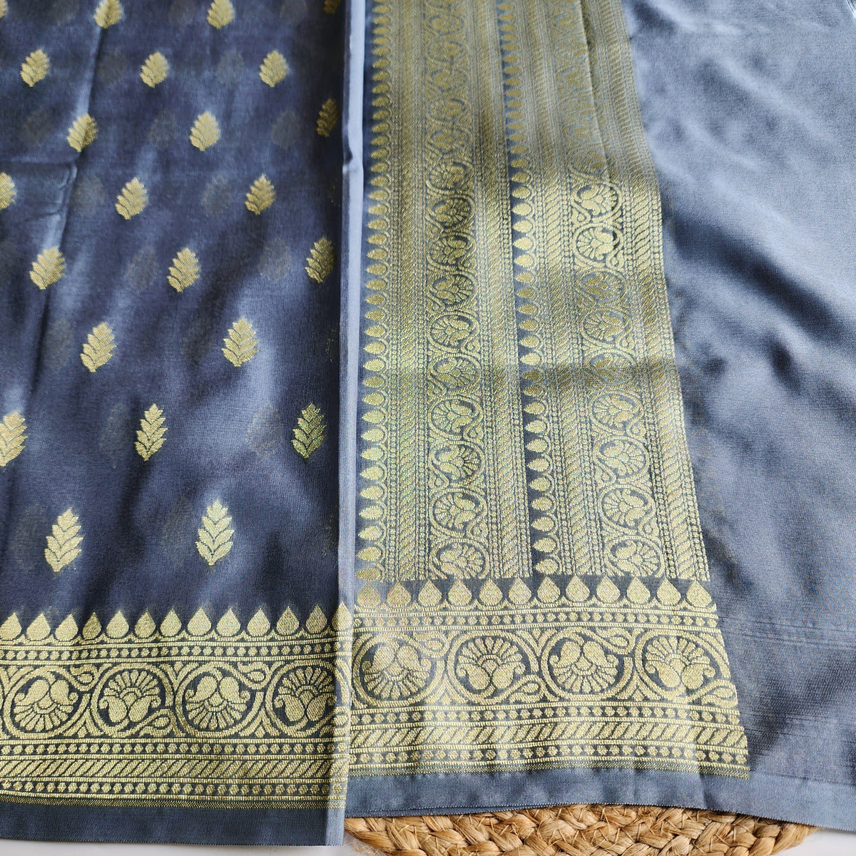 Steel Blue Banarasi Tapetta Silk Leaf Weave Dupatta