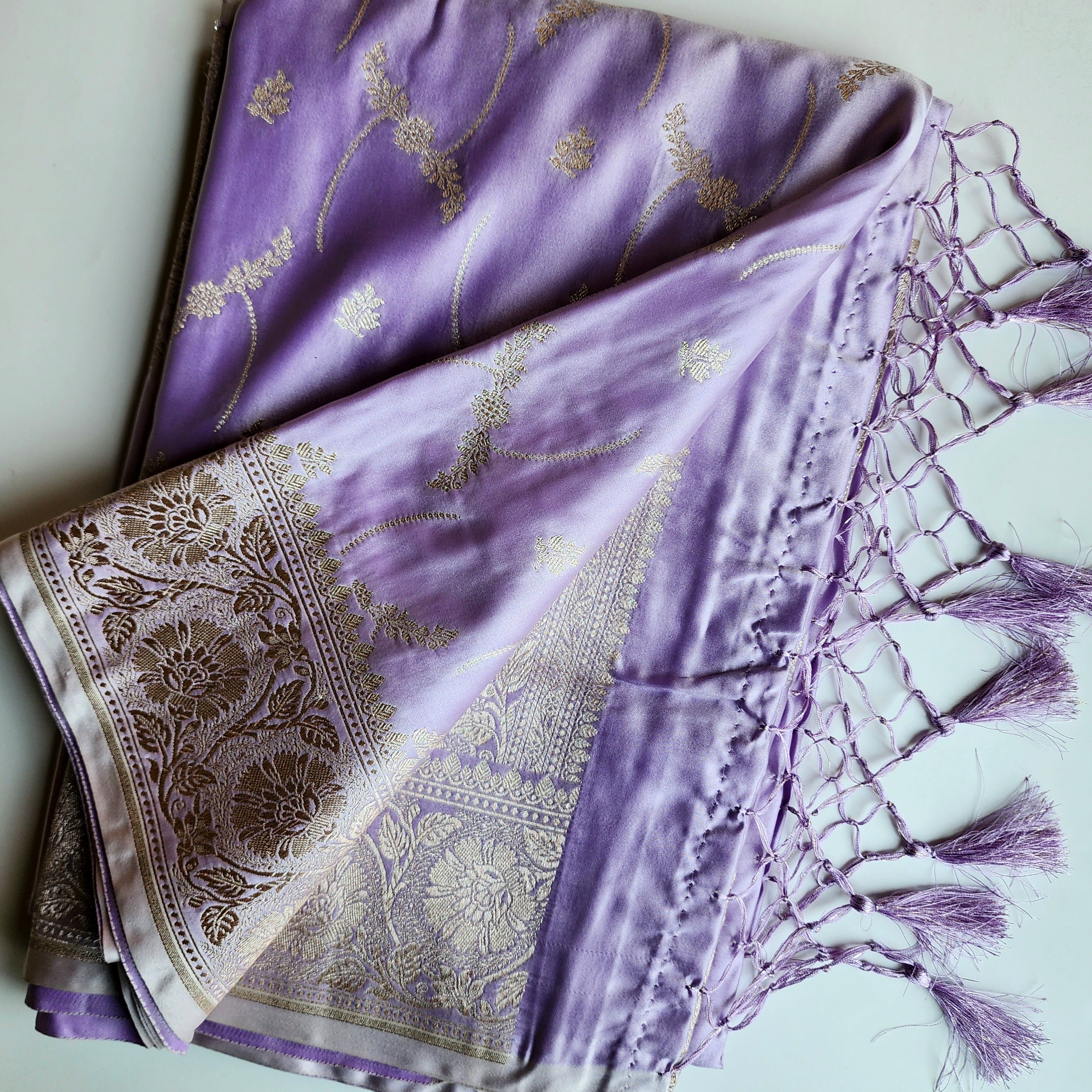 Pastel Lavender Grey Banarasi Katan Silk Saree with Light Gold Zari weaving