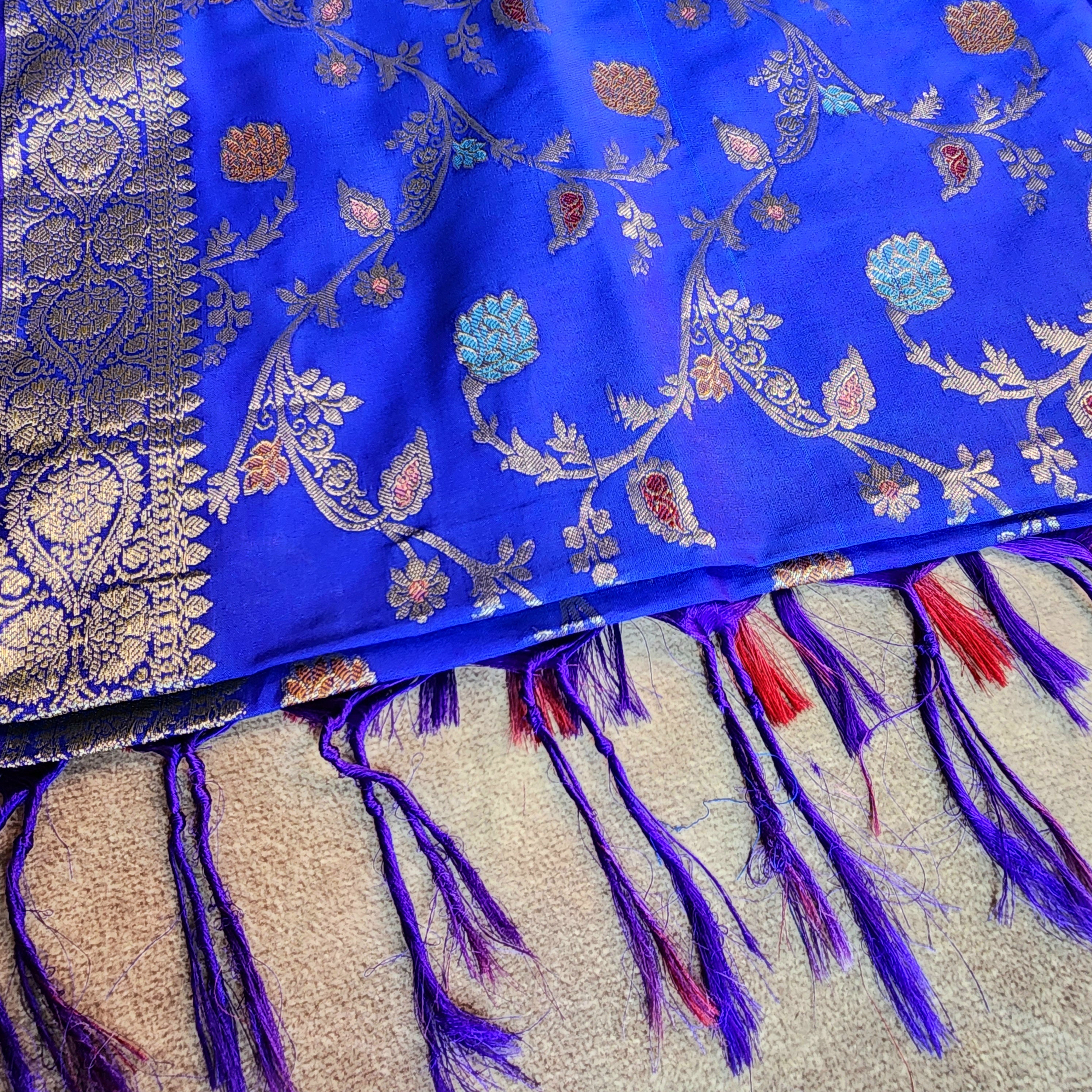 Royal Blue Banarasi Silk Dupatta with Gold Zari Border & Multicolor Meenakari Work