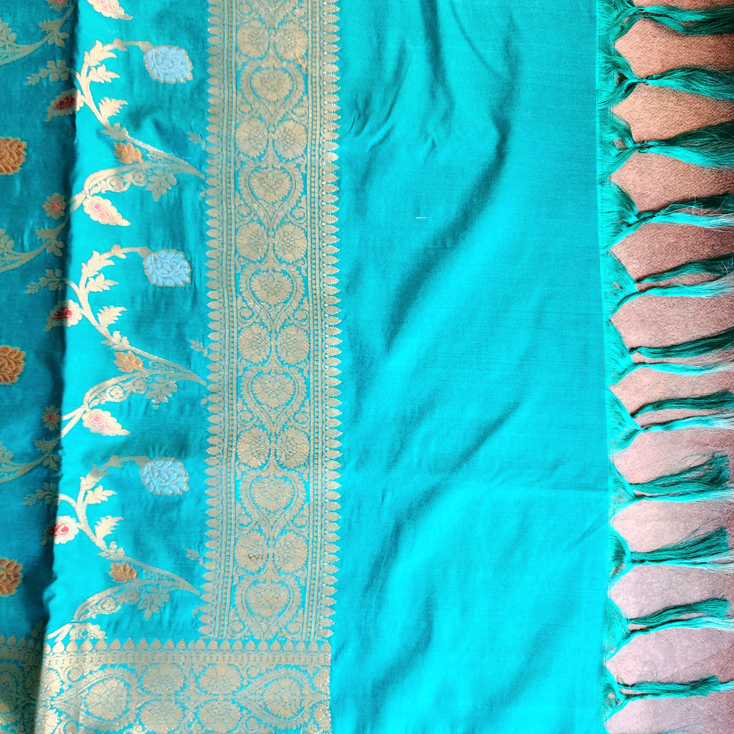 Teal Green Banarasi Silk Dupatta with Gold Zari Border & Multicolor Meenakari Work