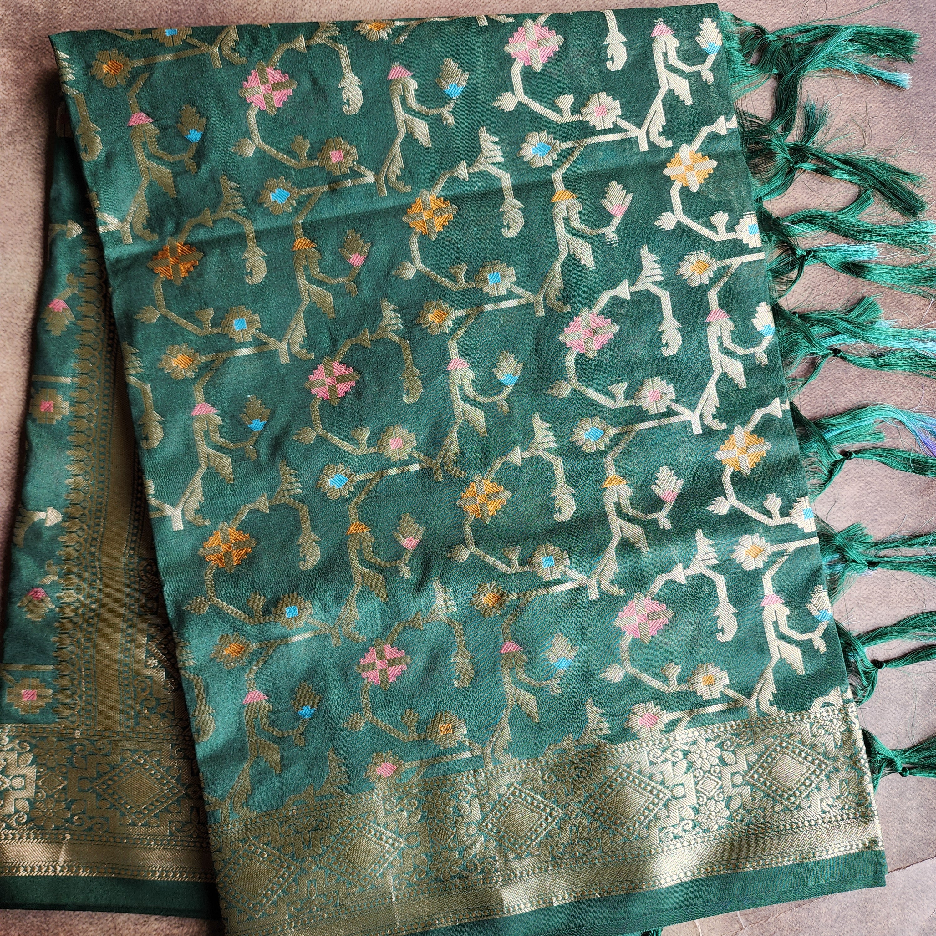 Golden Grid Banarasi Silk Dupatta with Meenakari Work in Dark Bottle Green