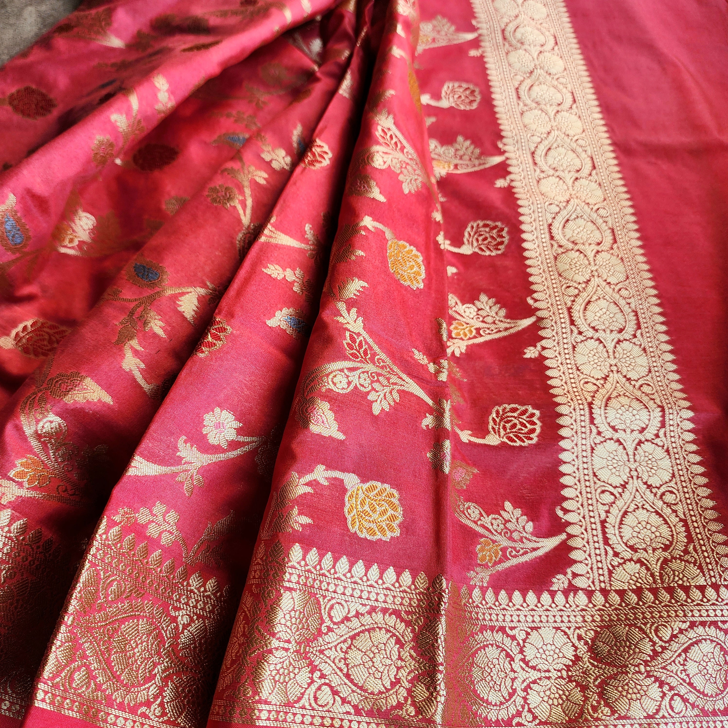 Rani Pink Banarasi Silk Dupatta with Gold Zari Border & Multicolor Meenakari Work