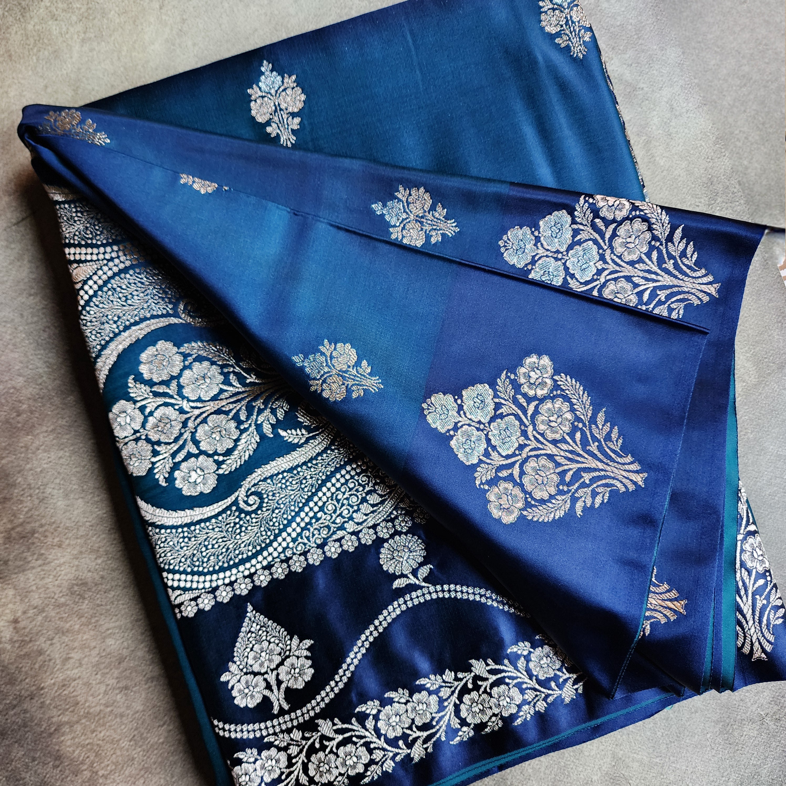 Dual-Tone Peacock Blue Pure Banarasi Katan Silk Saree