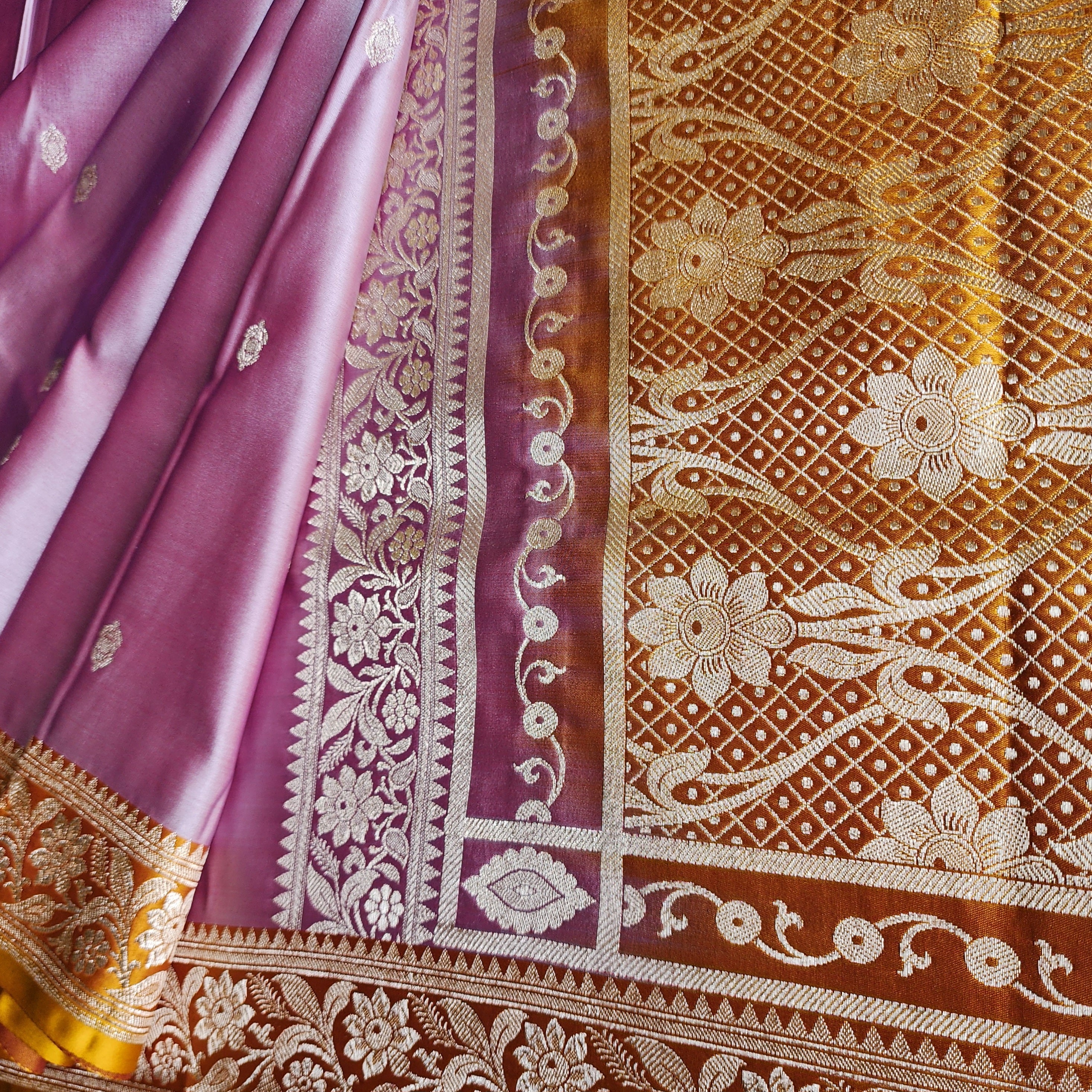 Dusty Rose Pink Katan Silk Saree with Mustard and Gold Zari Border