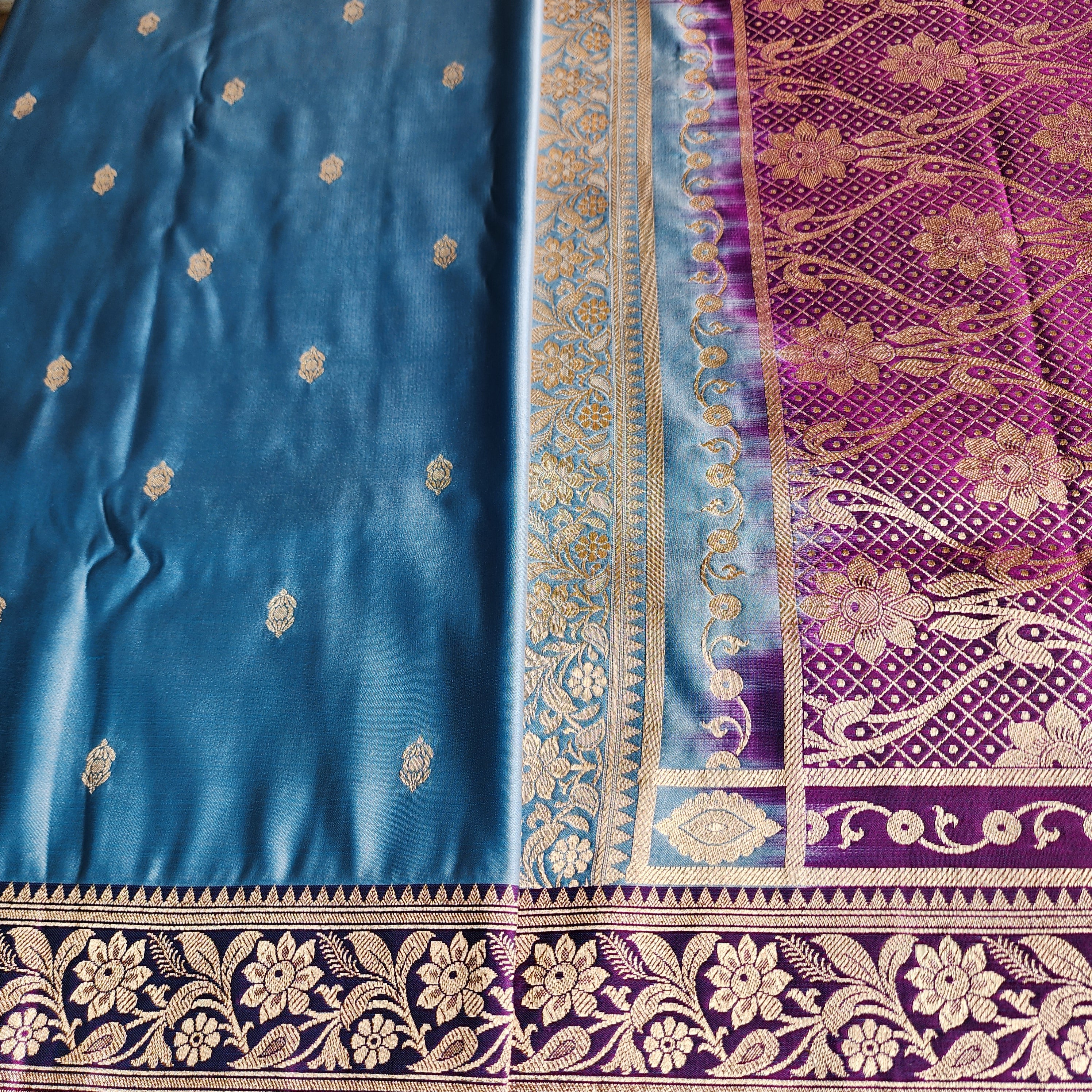 Teal Blue Katan Silk Saree with Purple and Gold Zari Border