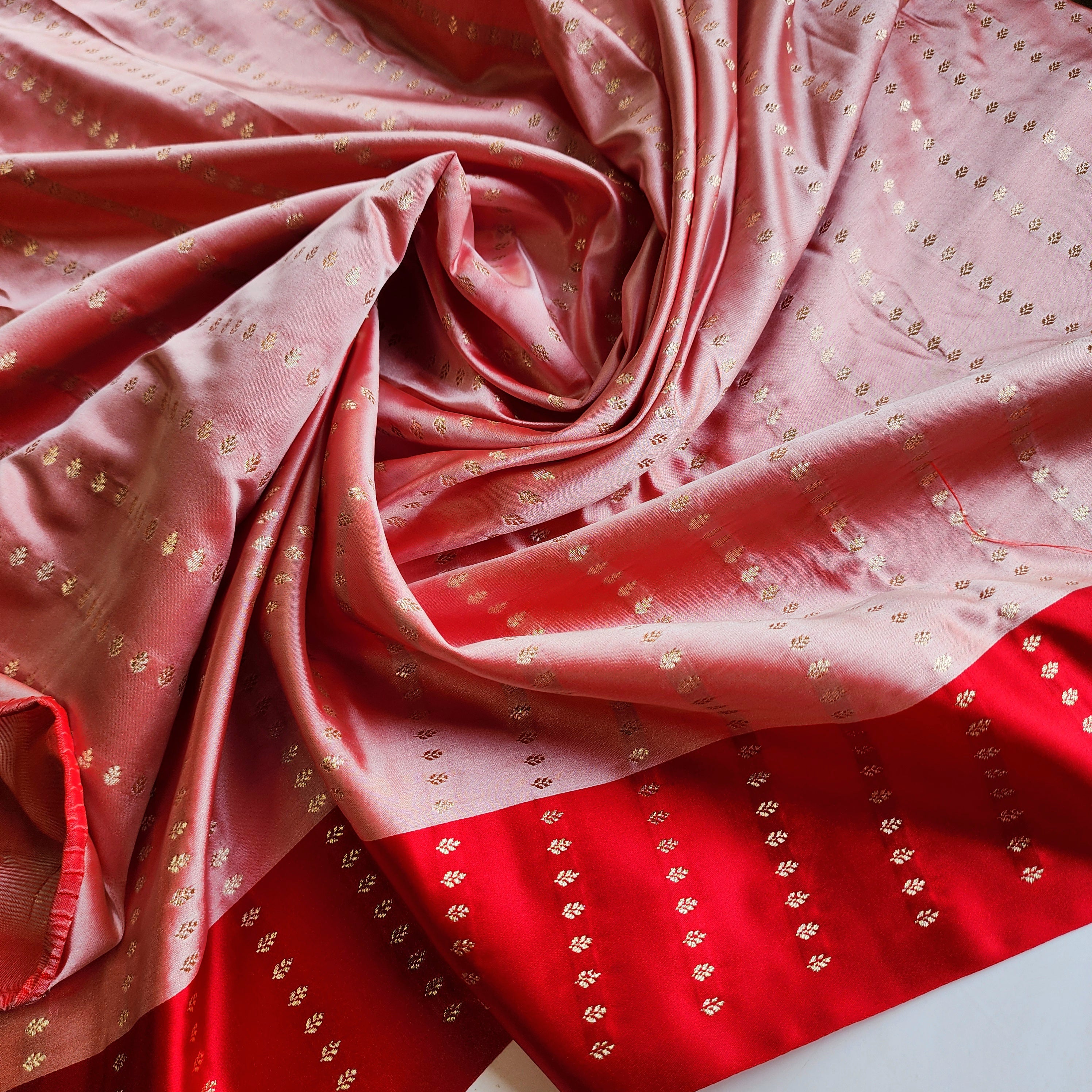 Blush Pink Katan Silk Saree with Red Gold Zari Border