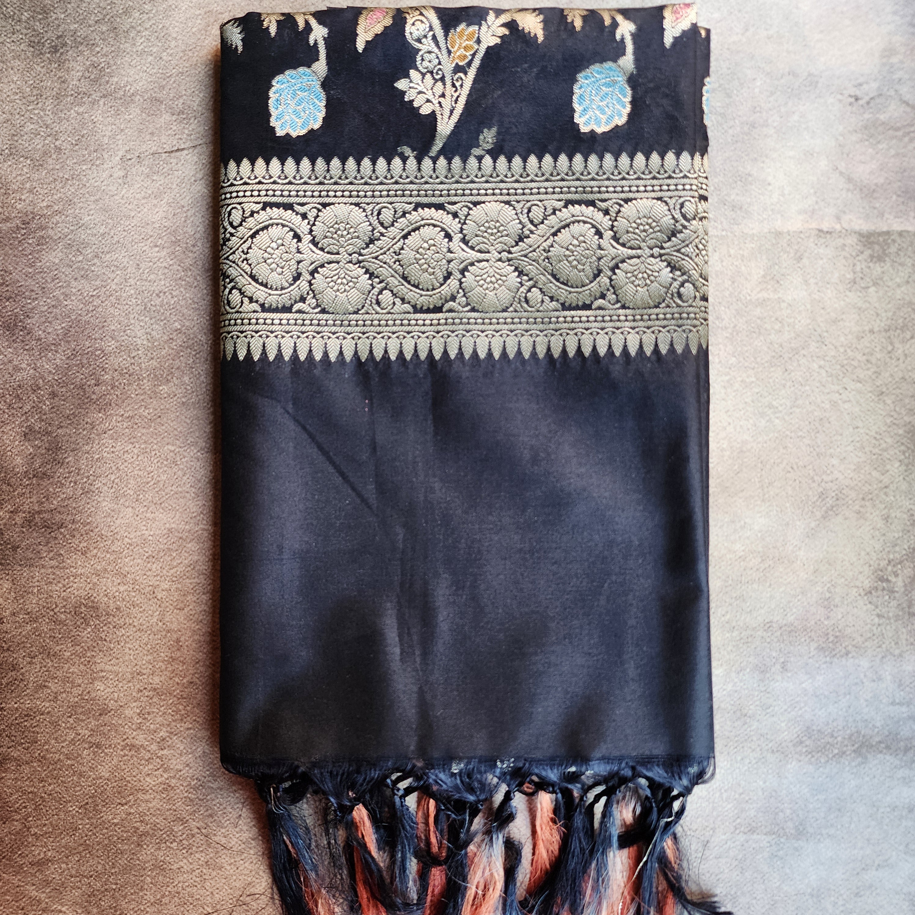 Black Banarasi Silk Dupatta with Gold Zari Border & Multicolor Meenakari Work