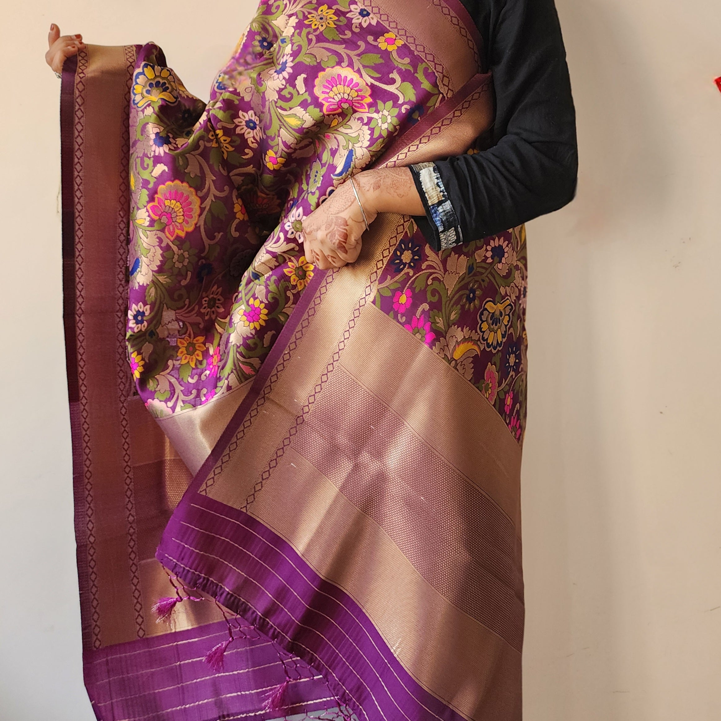 Banarasi Silk Dark Plum Dupatta with Multicolor & Gold Floral Handweaving
