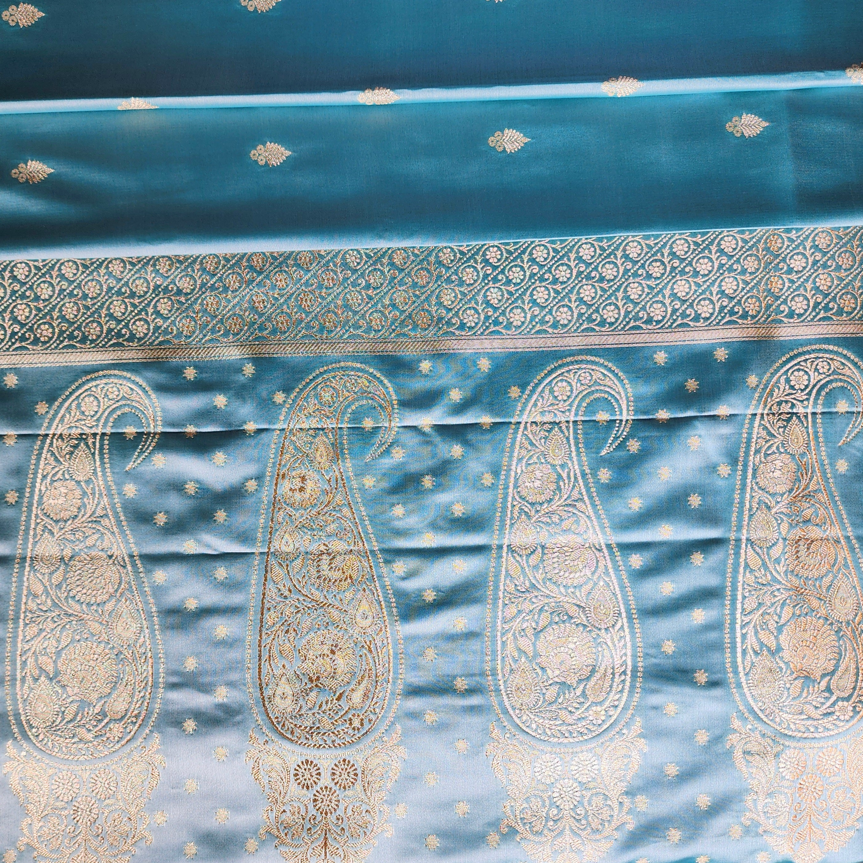 Blue Katan Silk Saree with Beige Gold Zari Border