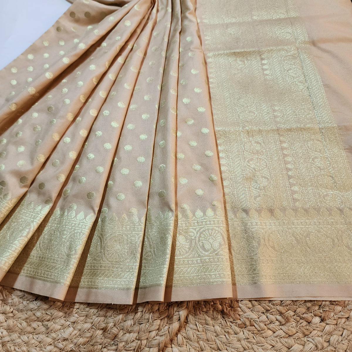 Champagne Beige Banarasi Silk Dupatta with Gold Polka Dot