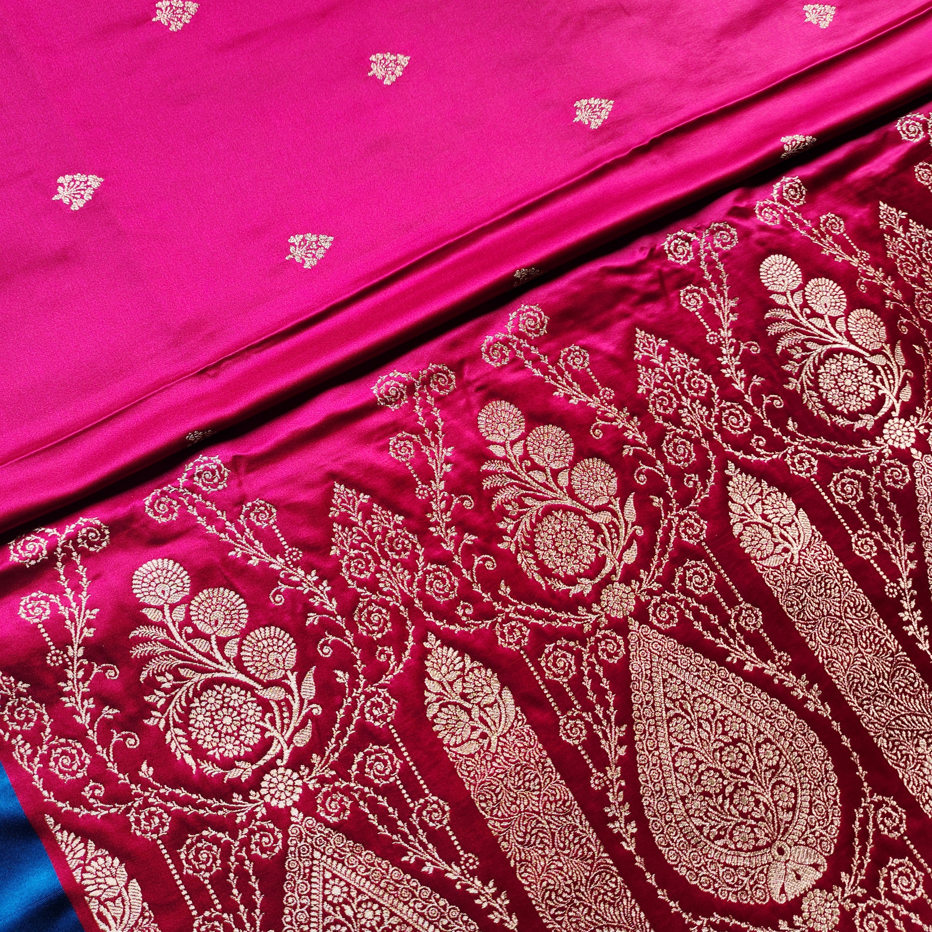 Rani Red Pure Banarasi Katan Silk Saree with Cobalt Blue Border