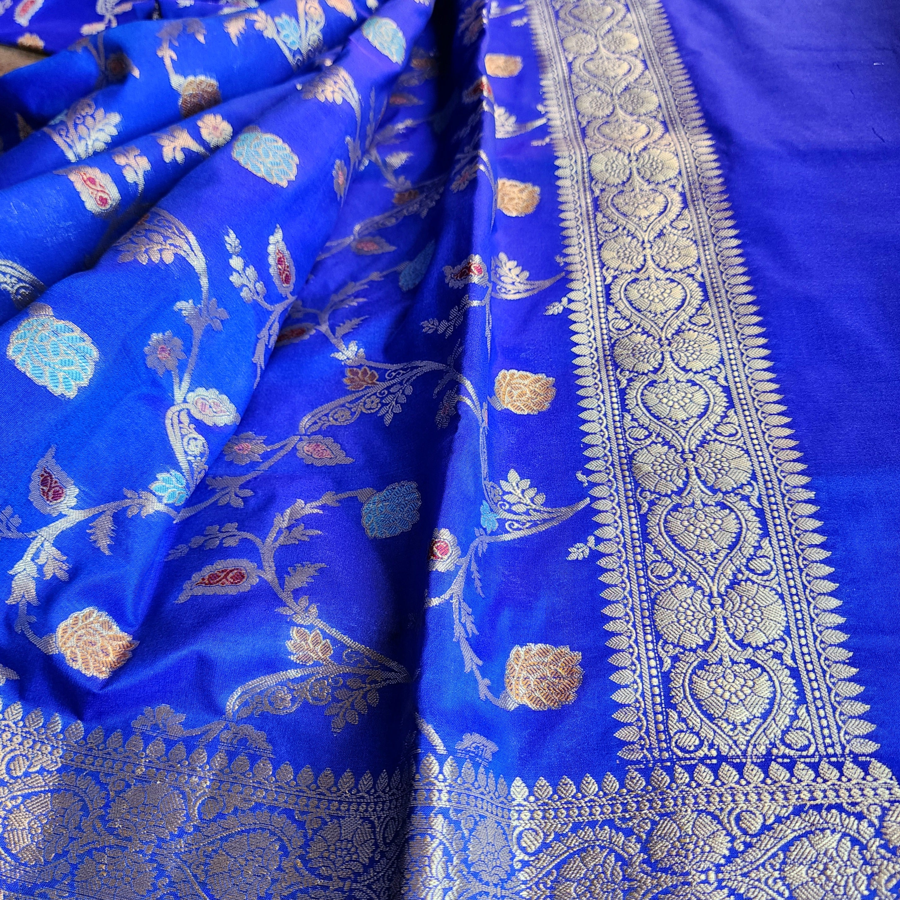 Royal Blue Banarasi Silk Dupatta with Gold Zari Border & Multicolor Meenakari Work