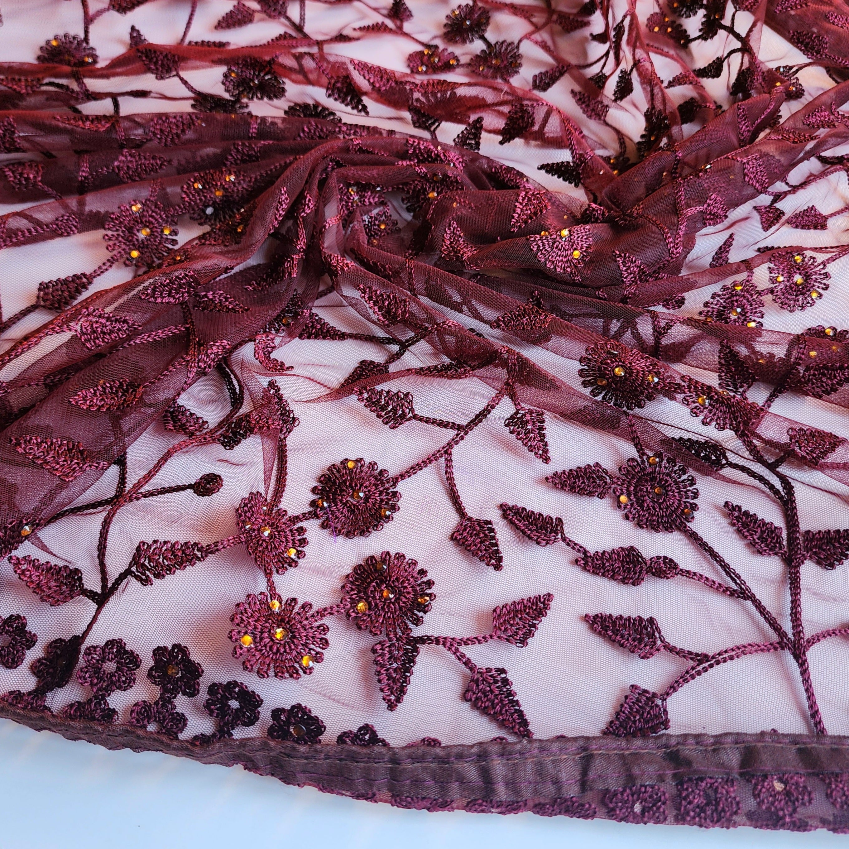 Embroidered Net Designer Saree in Wine