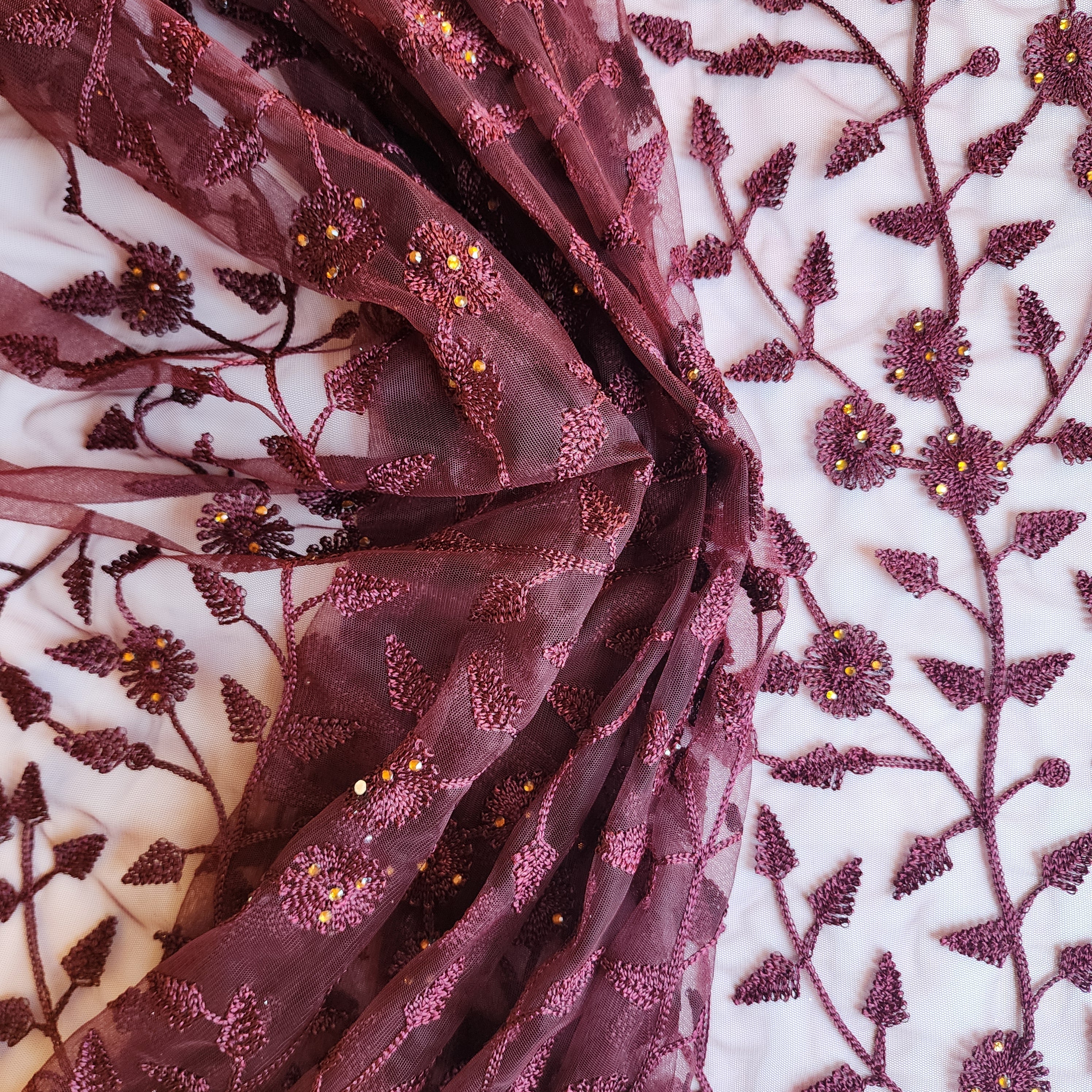 Embroidered Net Designer Saree in Wine