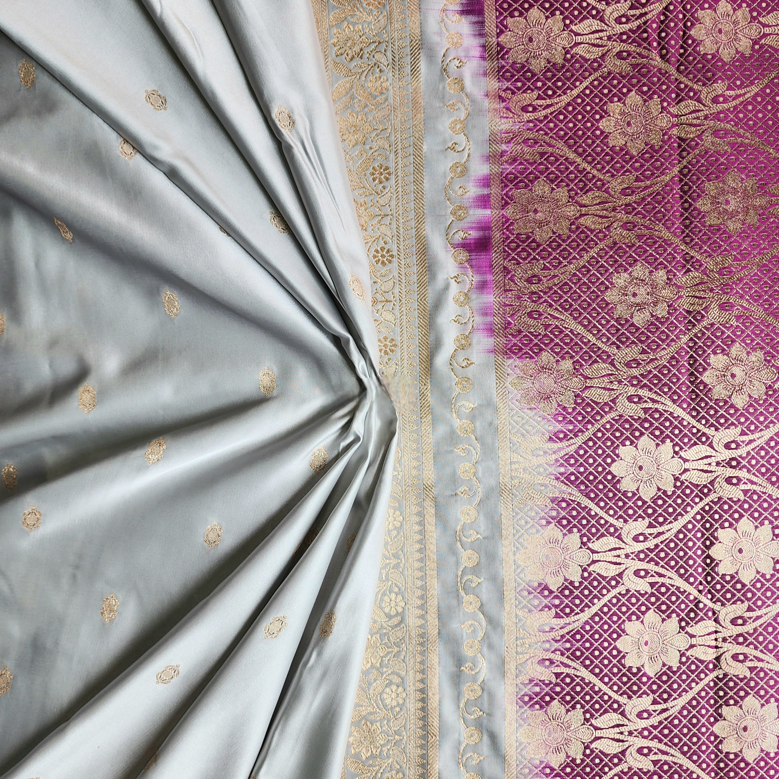 Powder Blue Katan Silk Saree with Purple and Gold Zari Border