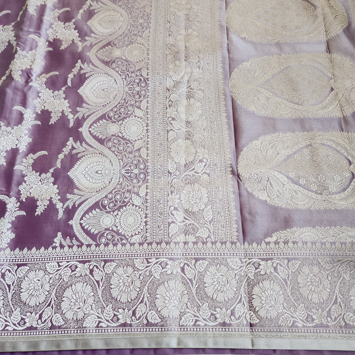 Dusty Lilac Banarasi Katan Silk Saree with Floral Vine Jaal