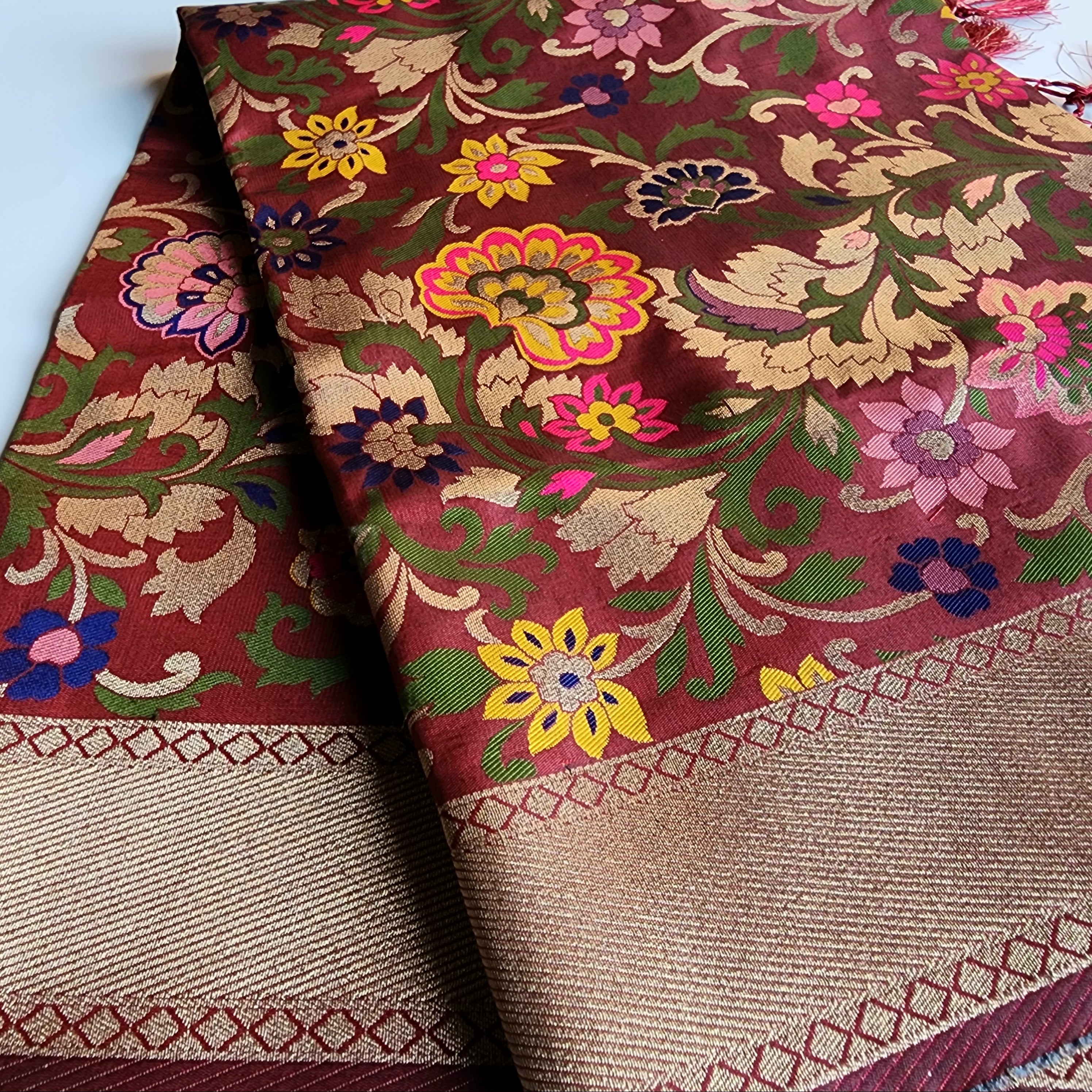 Banarasi Silk Brown Dupatta with Multicolor & Gold Floral Handweaving