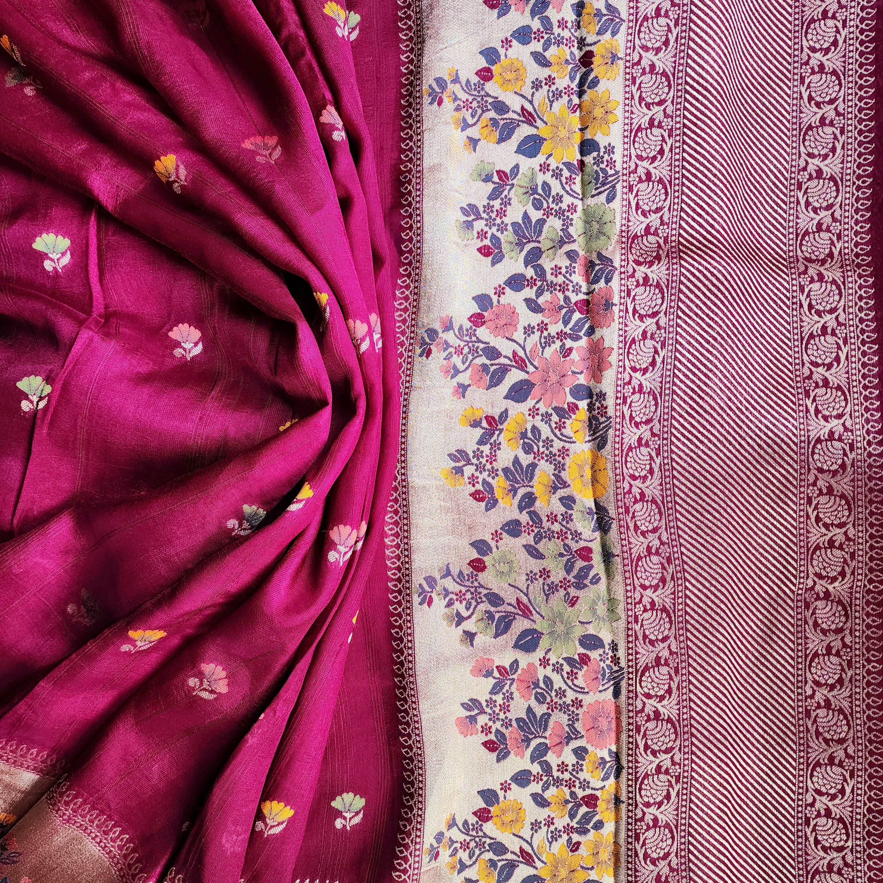 Soft Wine Raw Silk Saree With Pastel Floral Weaving and Off White Border