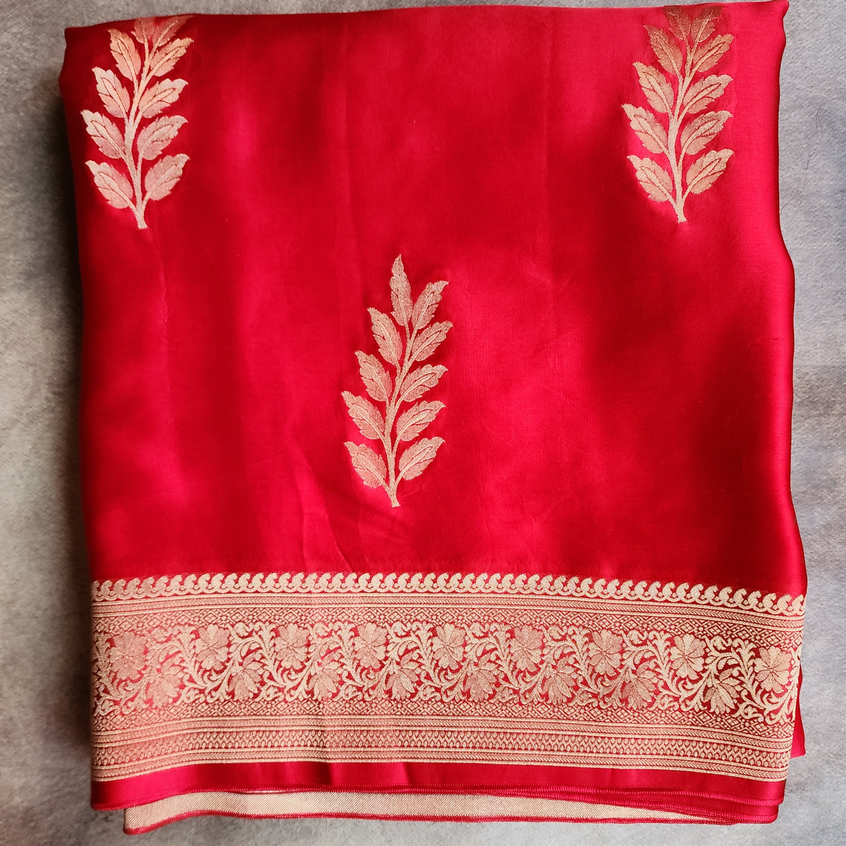 Bright Red Mashru Katan Silk Saree with Gold Weave