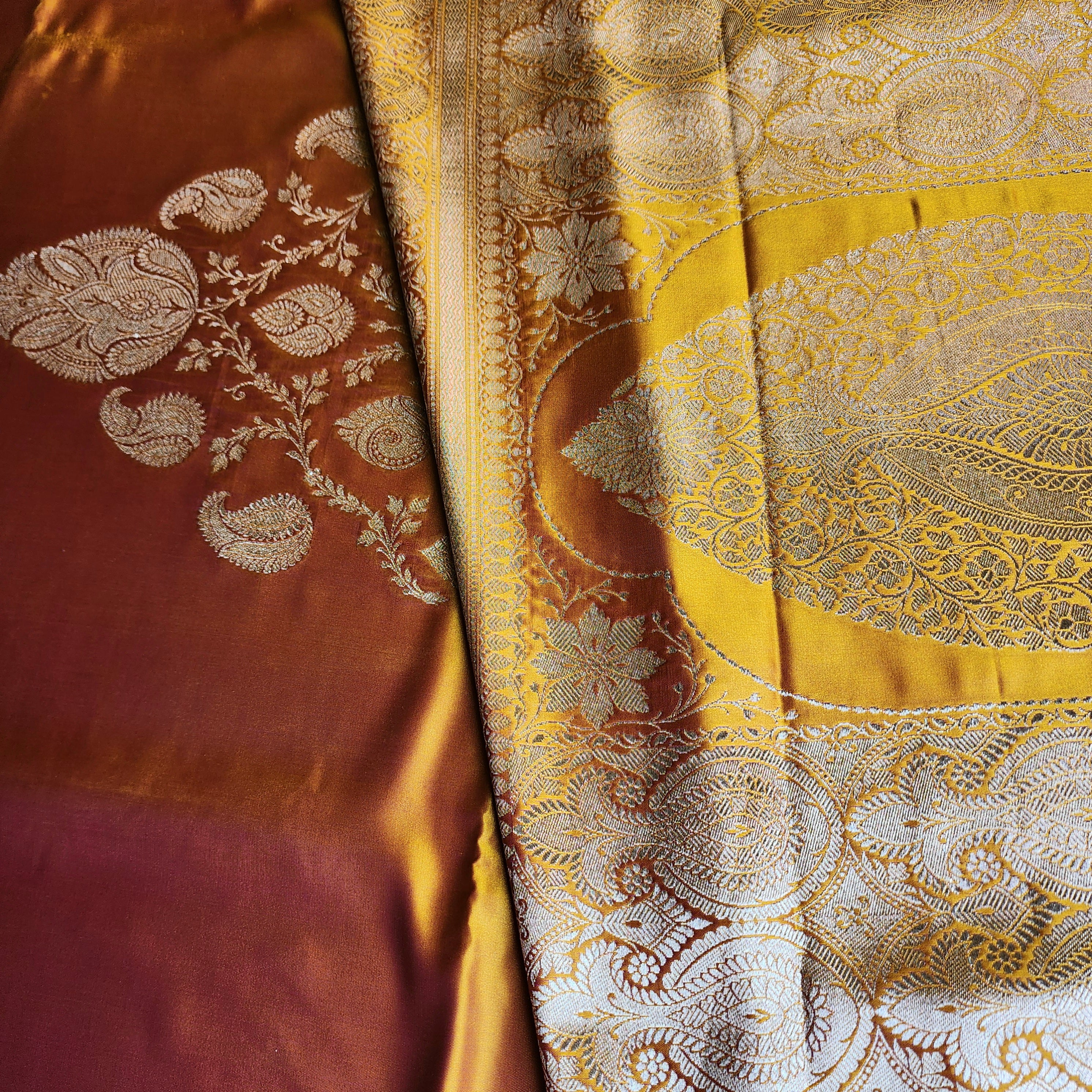 Rich Marigold Yellow Pure Banarasi Katan Silk Saree with light Gold Zari Weaving