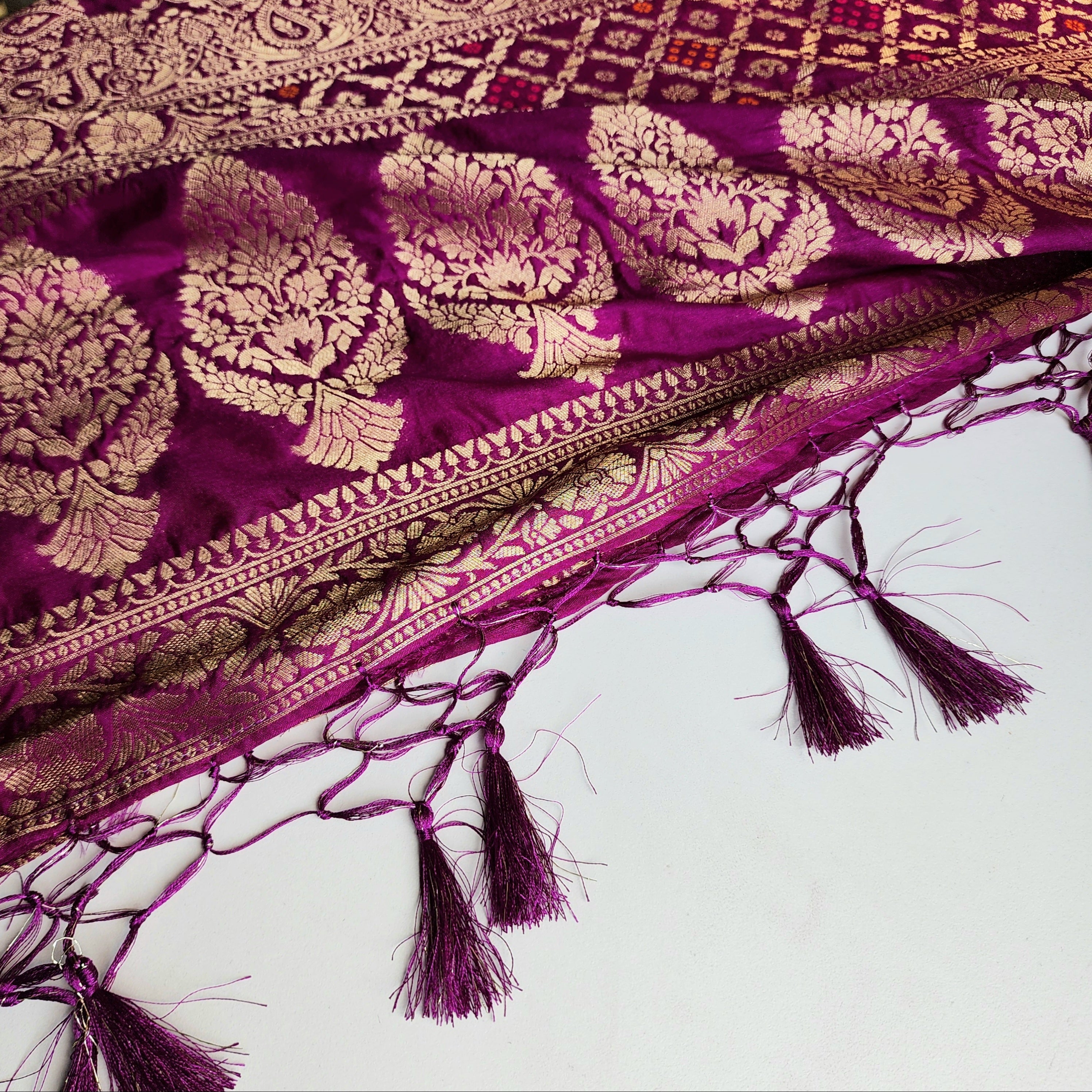 Berry Purple Bandhani Dupatta with Floral and Geometric Zari Weave