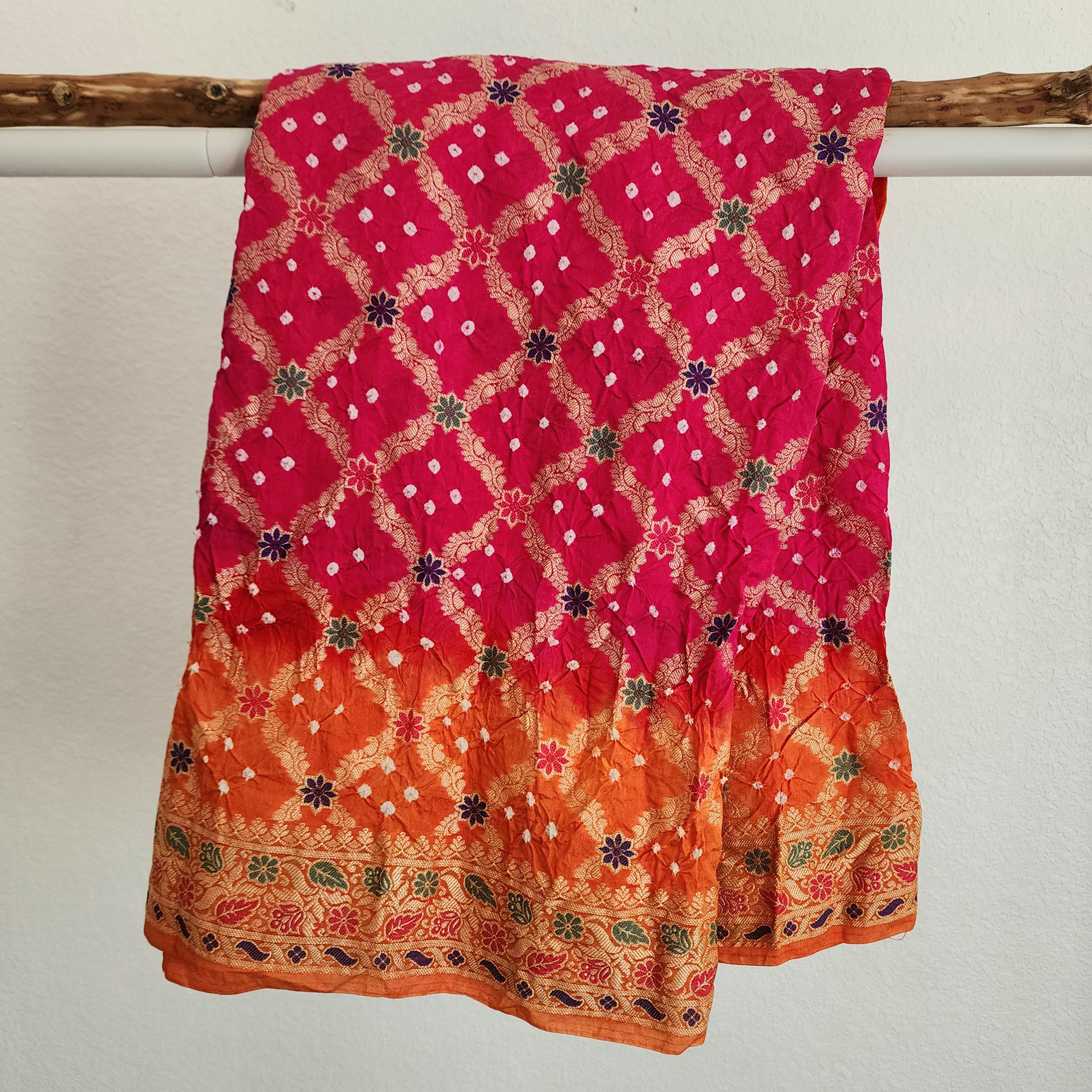 Orange & Rani Pink Bandhni dupatta with Banarasi Meenakari work