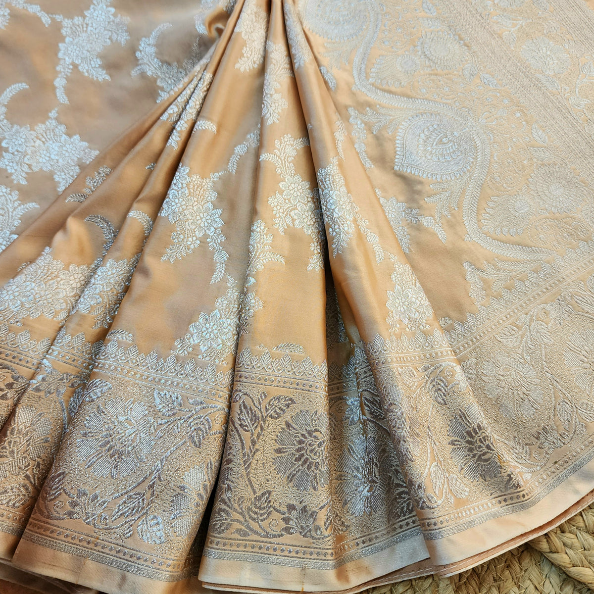 Peach Beige Banarasi Katan Silk Saree with Floral Vine Jaal