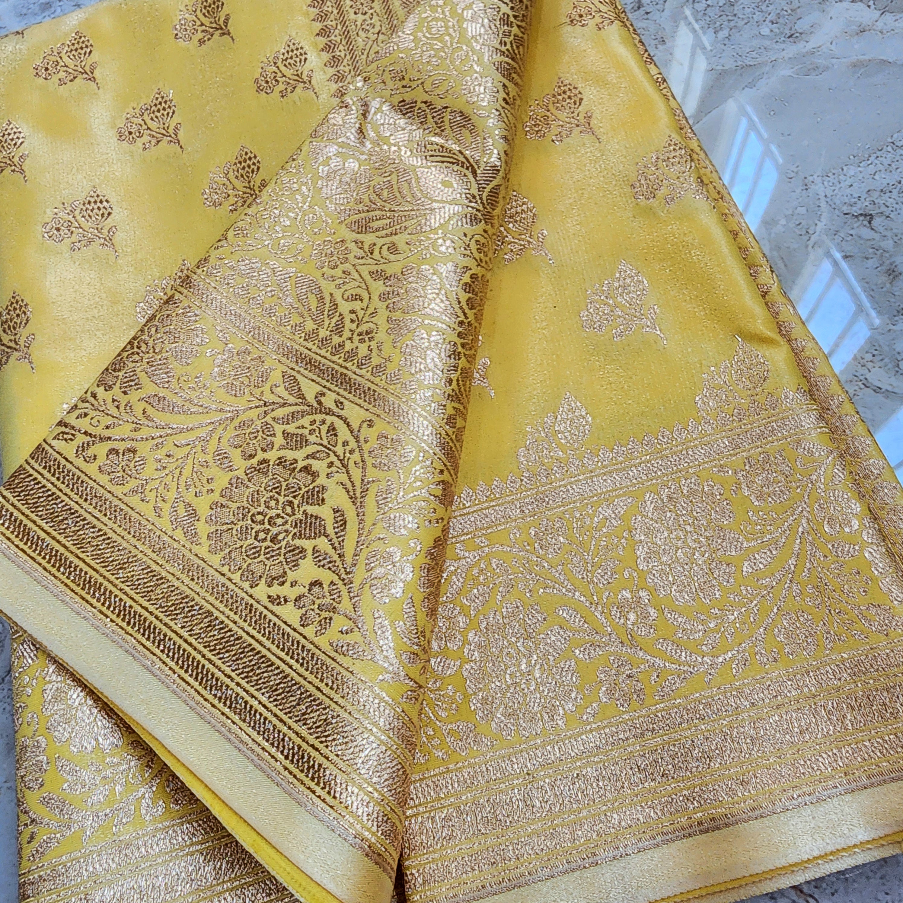 Rich Lemon Yellow Banarasi Silk Saree with Gold Zari Weaving