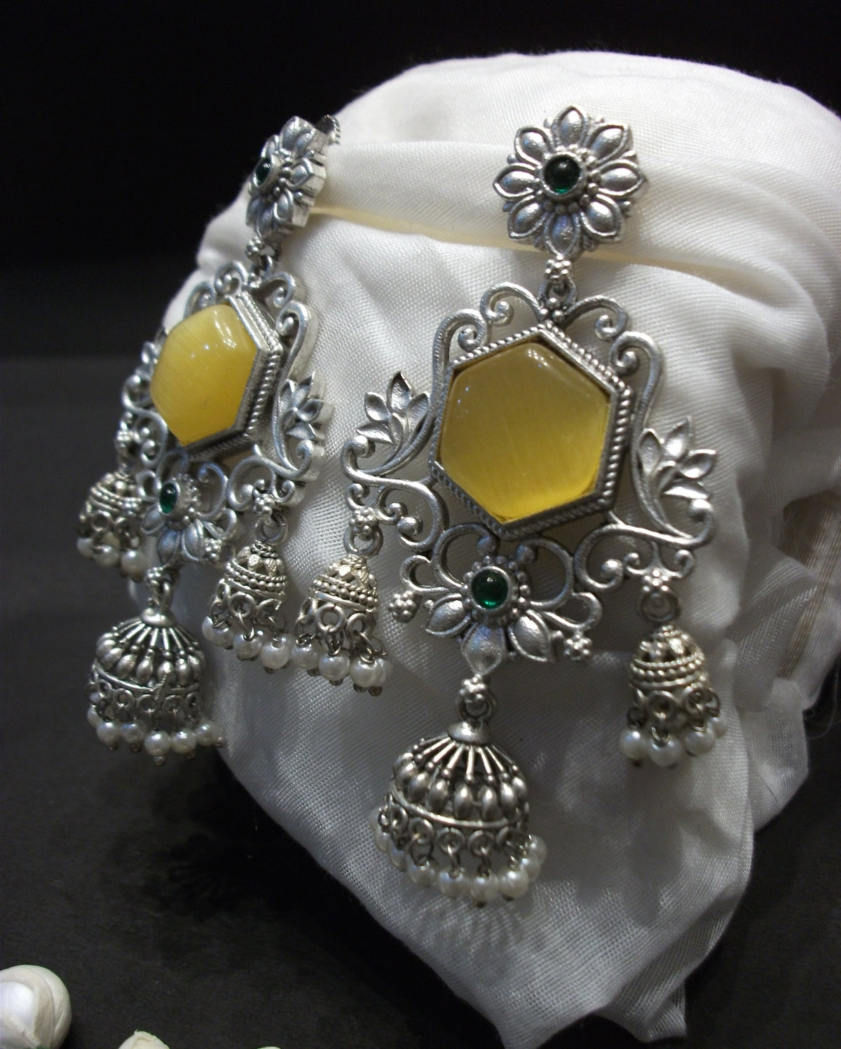 Antique Silver Mustard Yellow Floral Filigree Jhumki Earrings