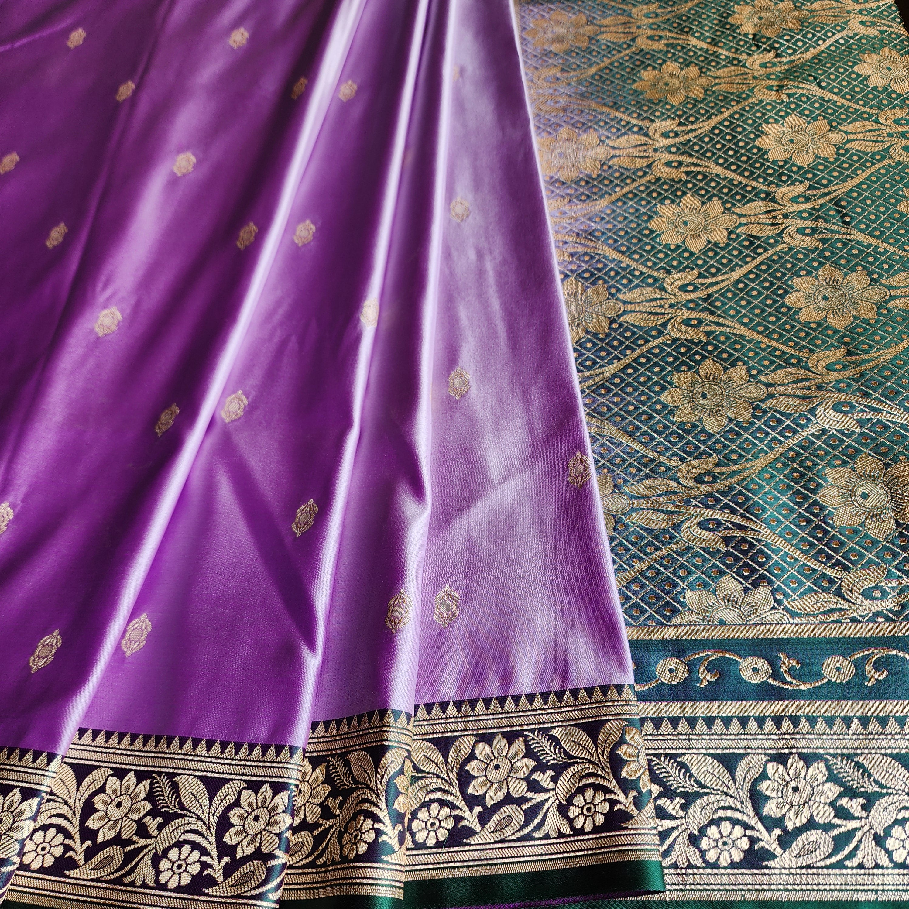 Lavender Katan Silk Saree with Emerald Green and Gold Zari Border