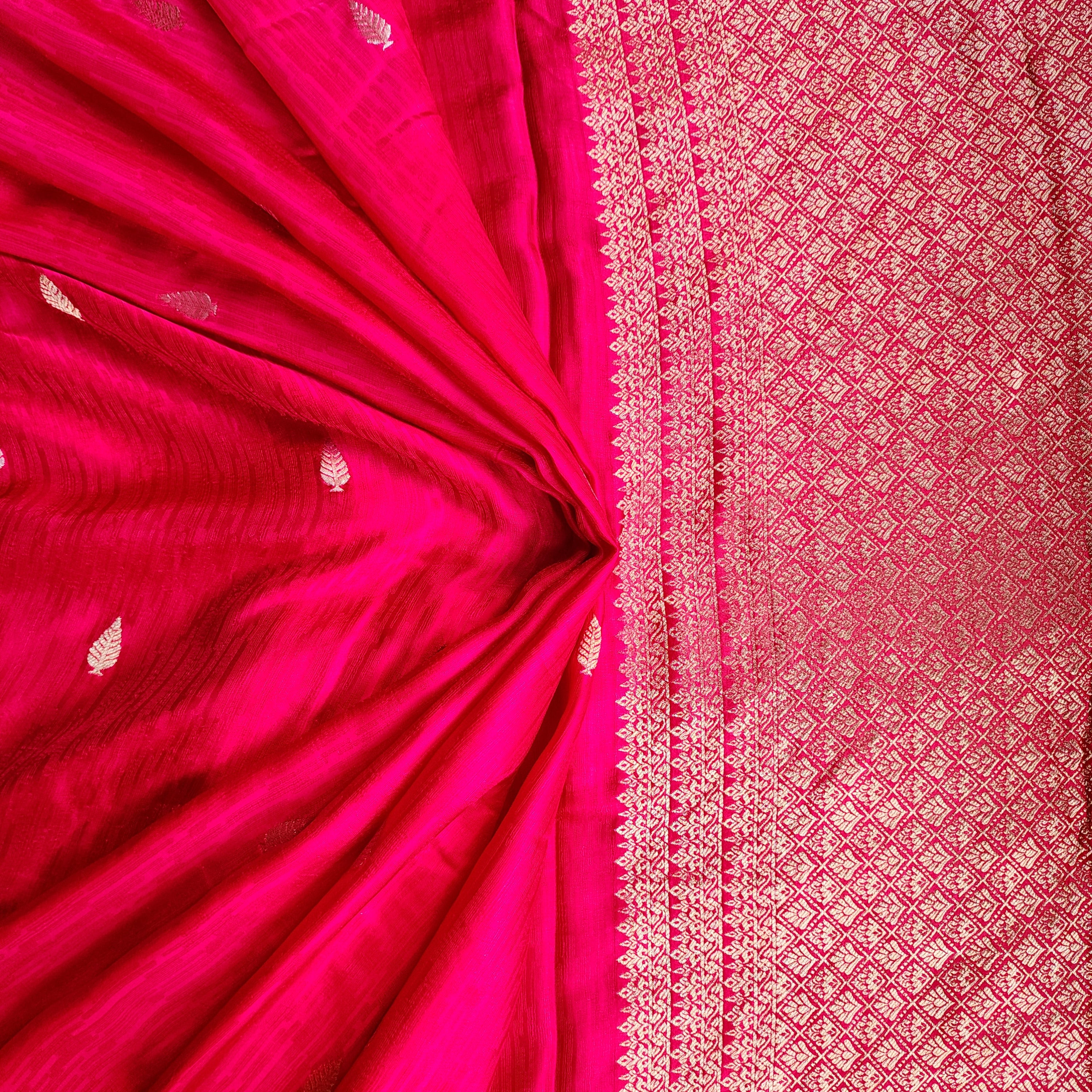 Bright Rani Pink Mashru Tanchoi Saree with Gold Zari