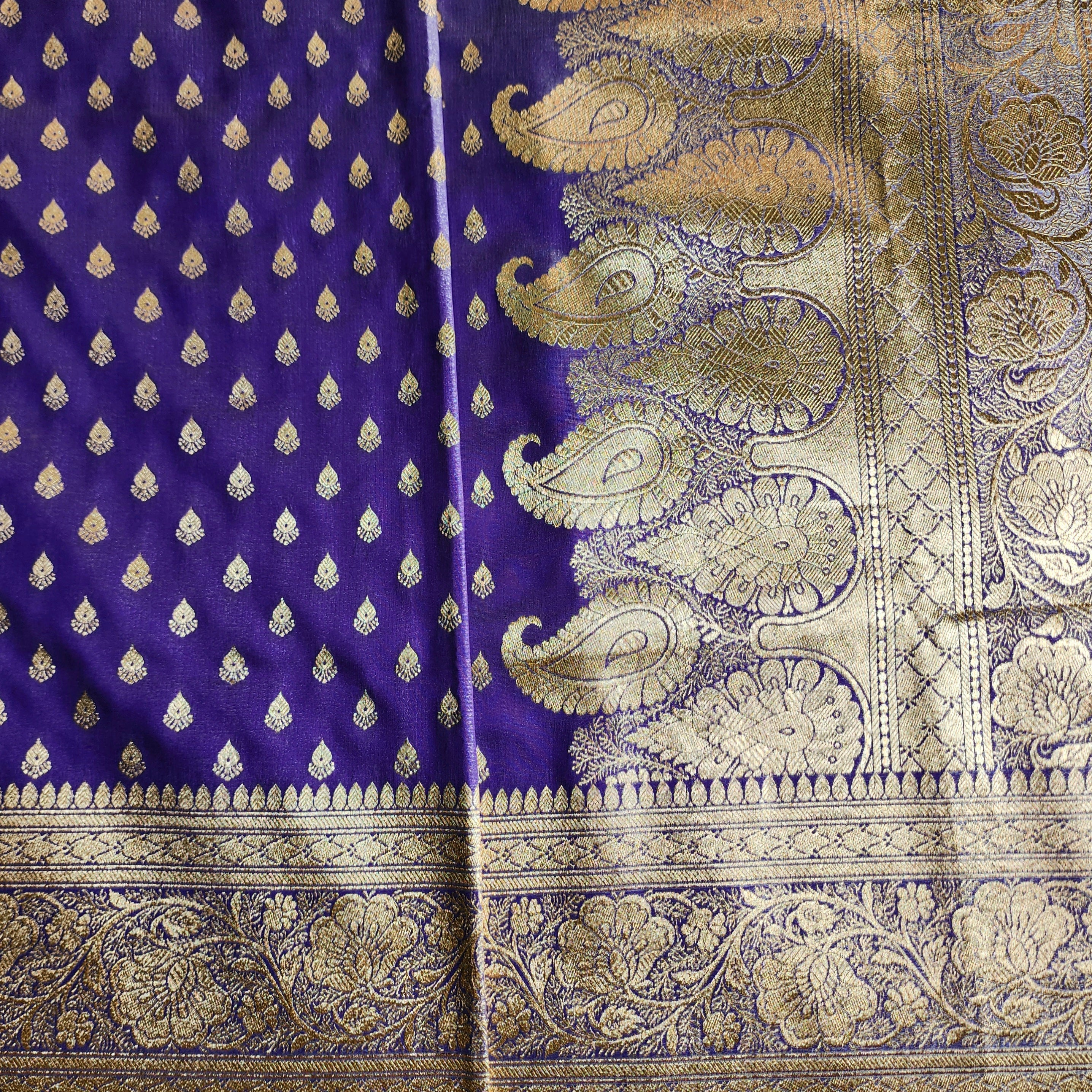 Rich Indigo Purple Banarasi Silk Saree with Gold Zari Weaving