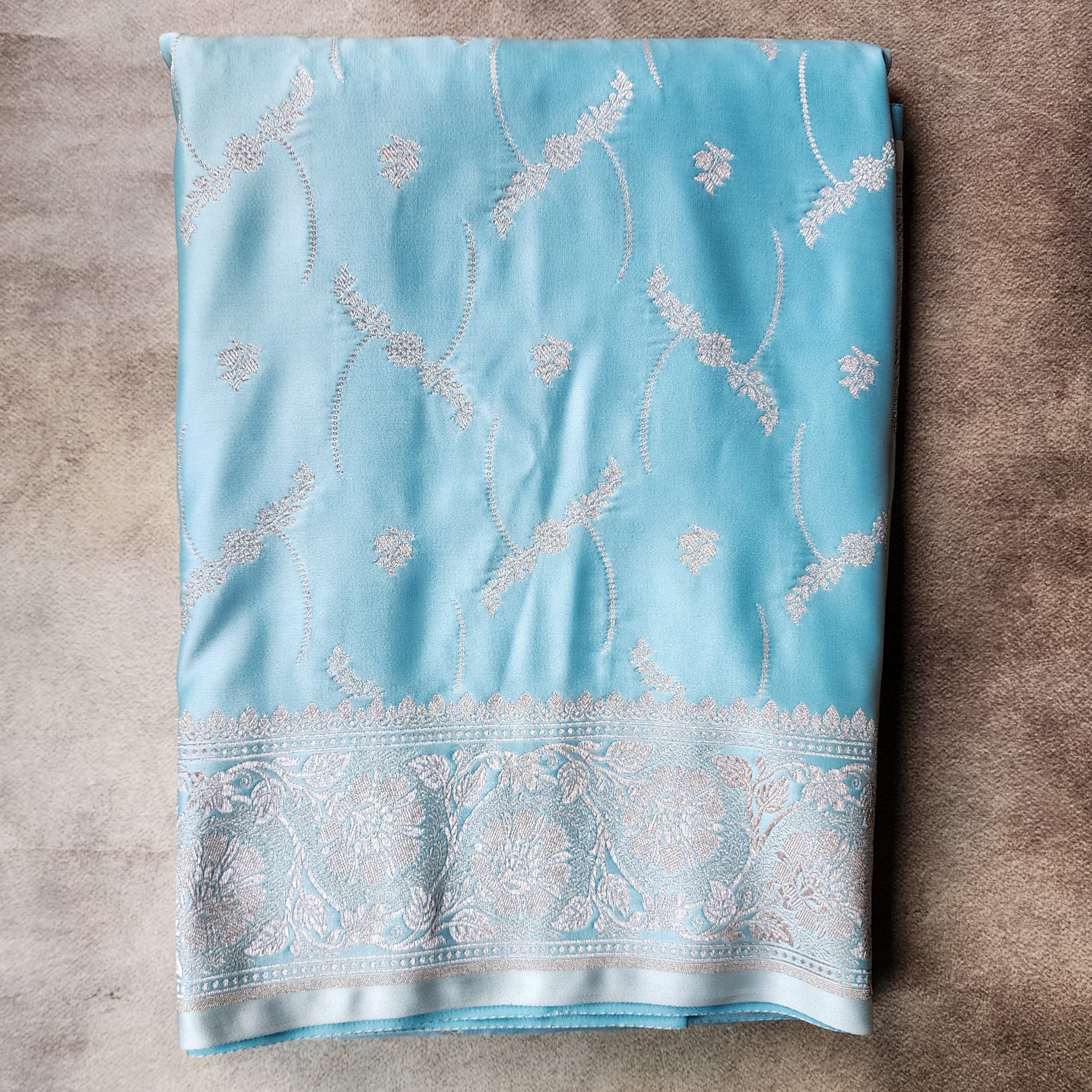 Pastel Sky Blue Banarasi Katan Silk Saree with Light Gold Zari weaving