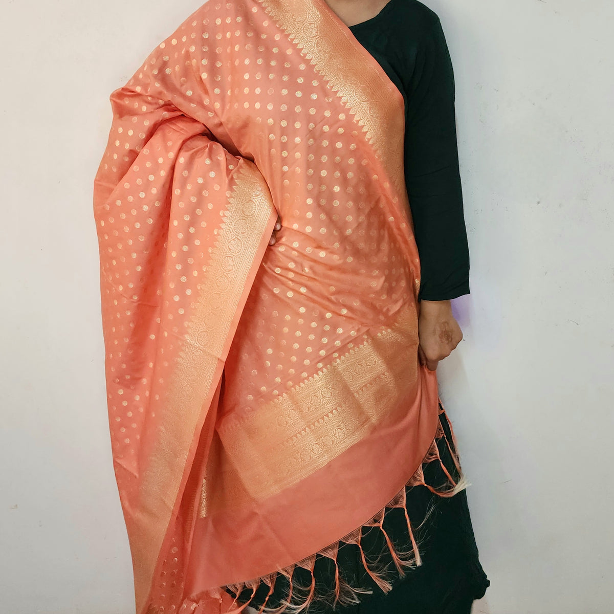 Coral Peach Banarasi Silk Dupatta with Gold Polka Dot