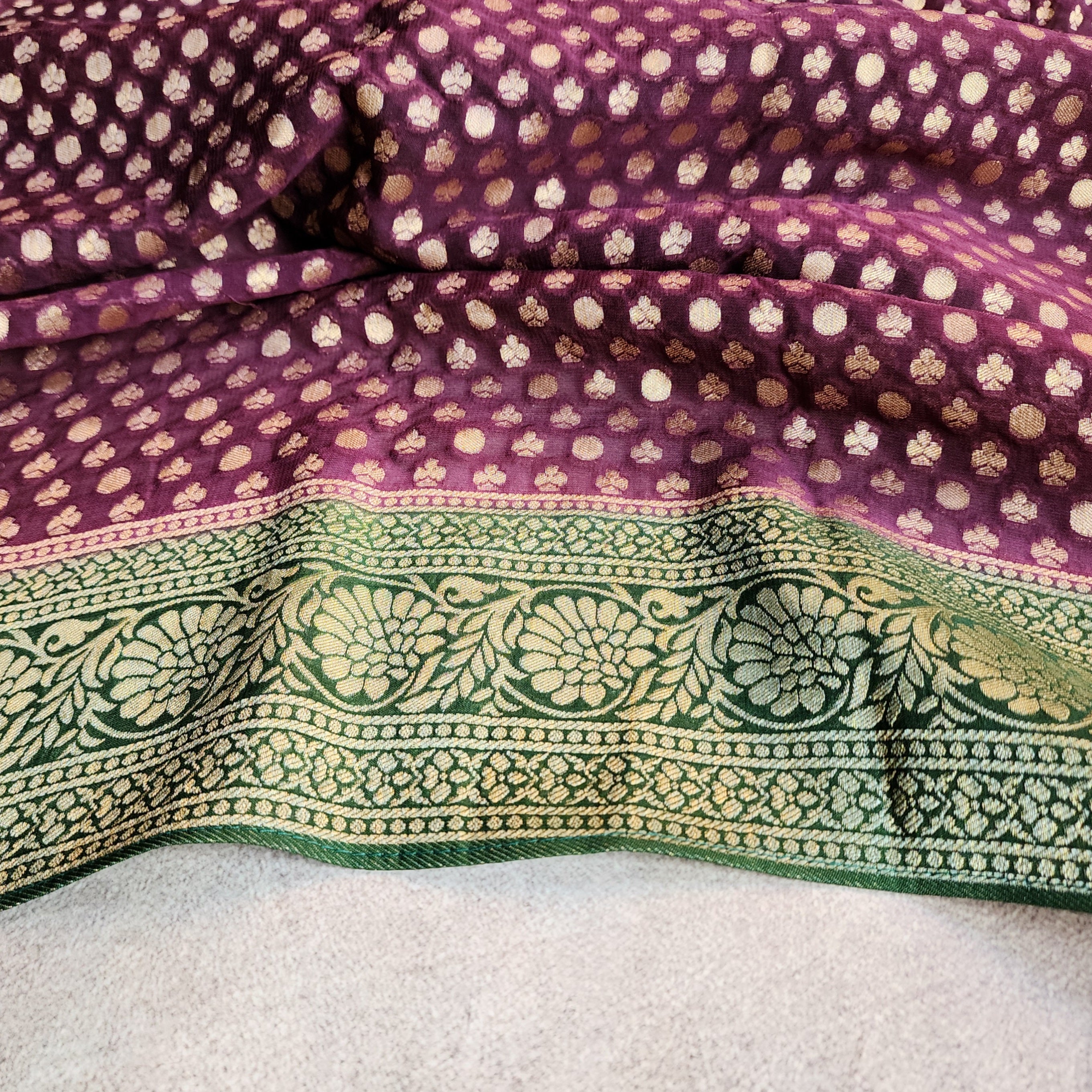 Purple Khaddi Georgette Pure Banarasi Saree with Green Border