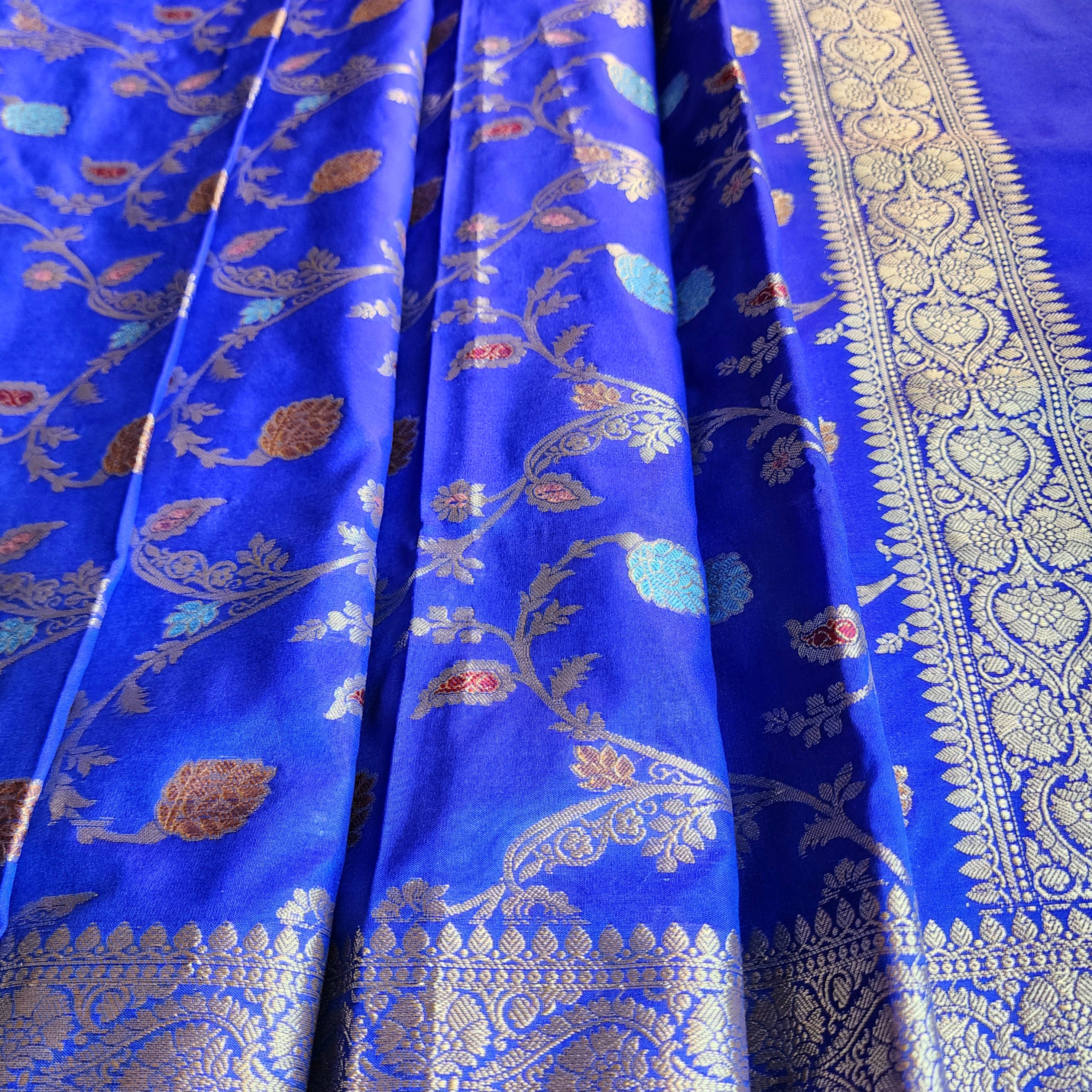 Royal Blue Banarasi Silk Dupatta with Gold Zari Border & Multicolor Meenakari Work