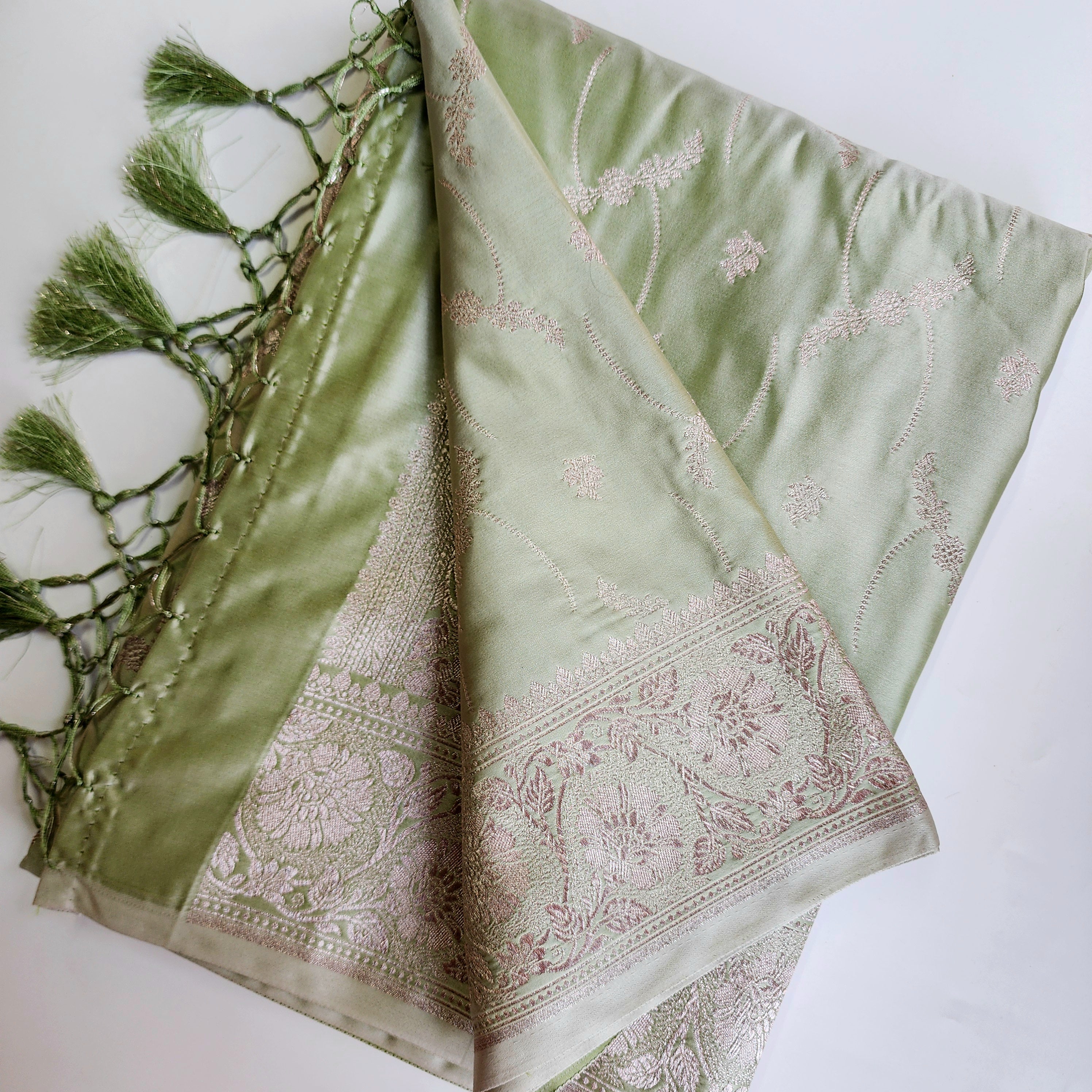 Pastel Sage Green Banarasi Katan Silk Saree with Light Gold Zari weaving