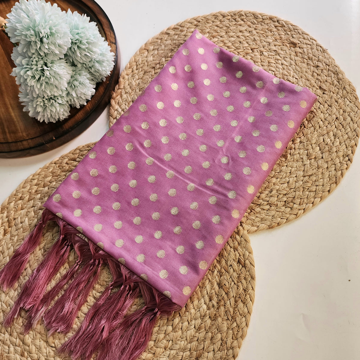 Mauve Pink Banarasi Silk Dupatta with Gold Polka Dot