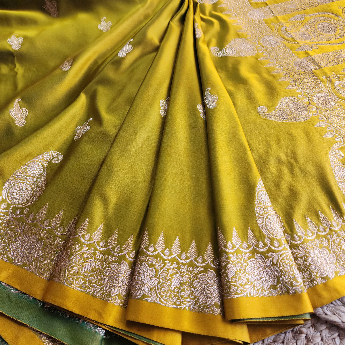 Lime Green Paisley Katan Silk Saree with Gold Zari