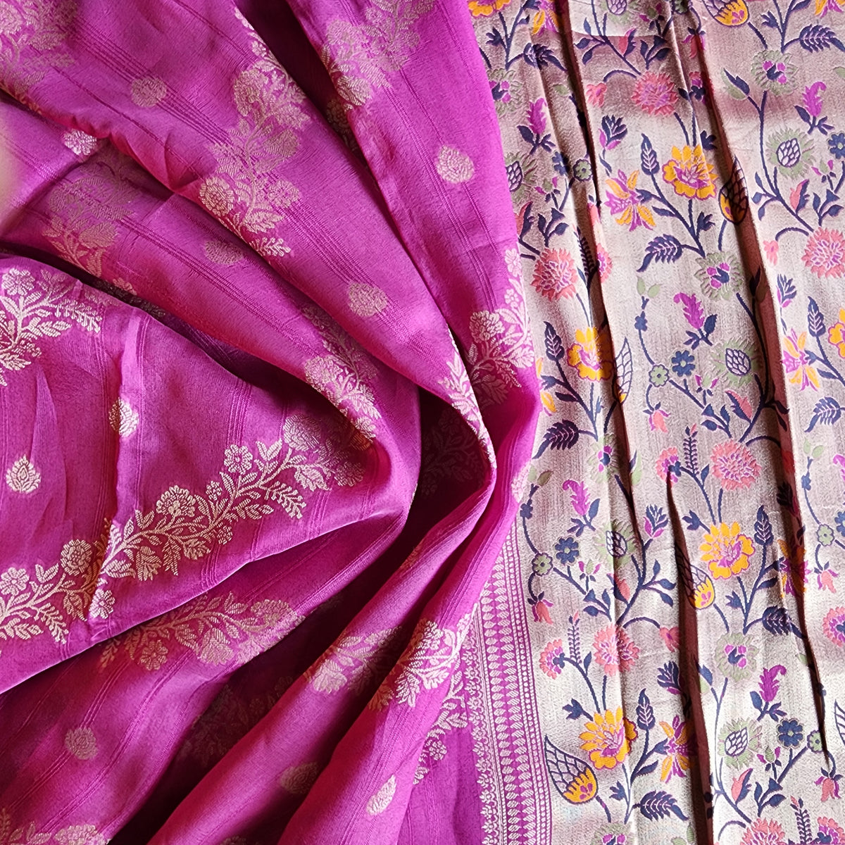 Soft Lavender Orchid Raw Silk Saree with Pastel Floral Weaving and Ivory Border