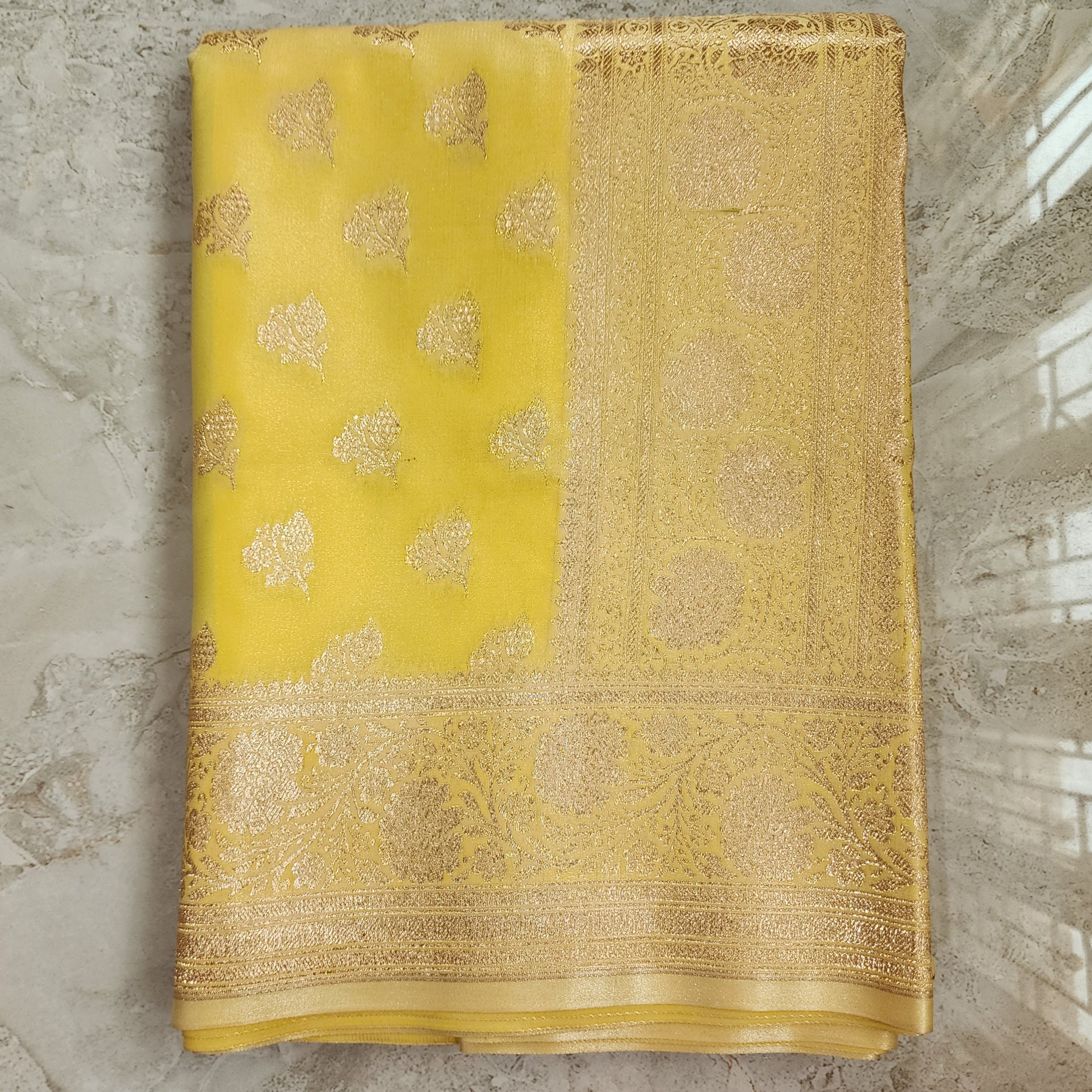 Rich Lemon Yellow Banarasi Silk Saree with Gold Zari Weaving